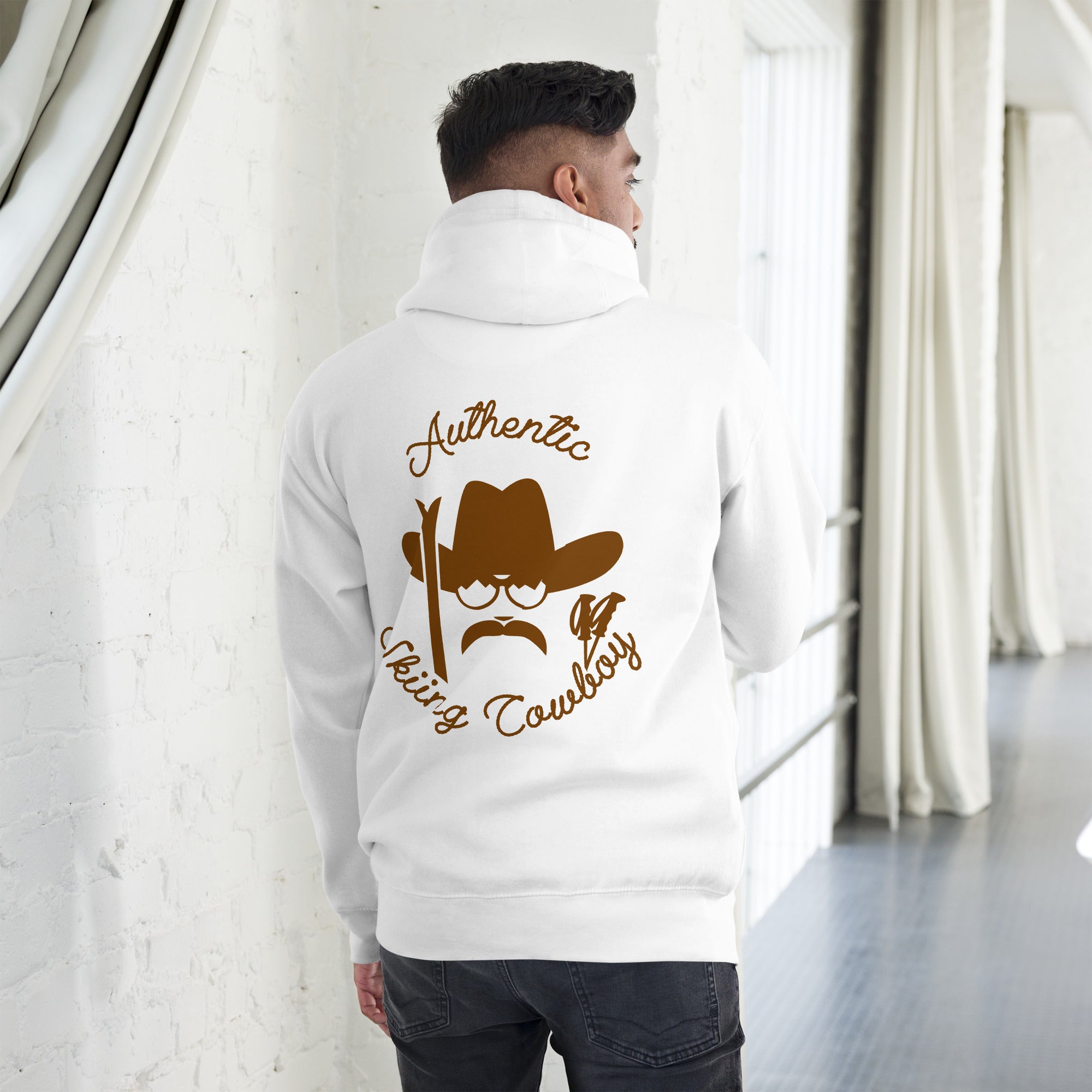 Unisex Cotton Hoodie Authentic Skiing Cowboy Brown (front & back)