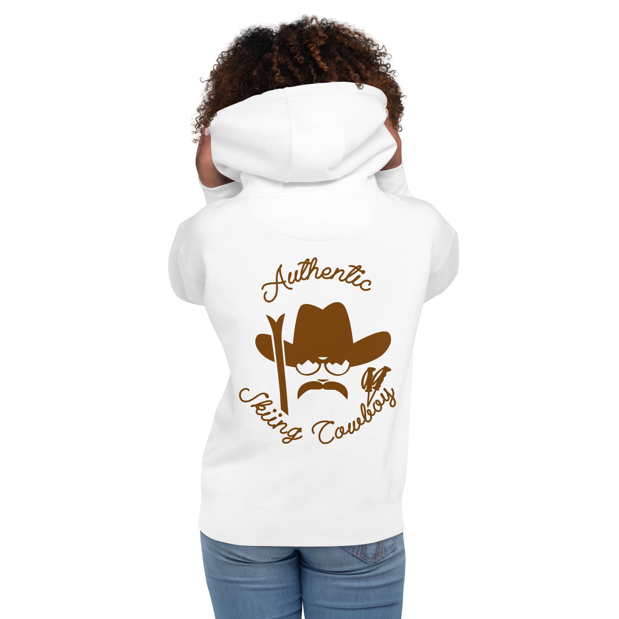 Unisex Cotton Hoodie Authentic Skiing Cowboy Brown (front & back)