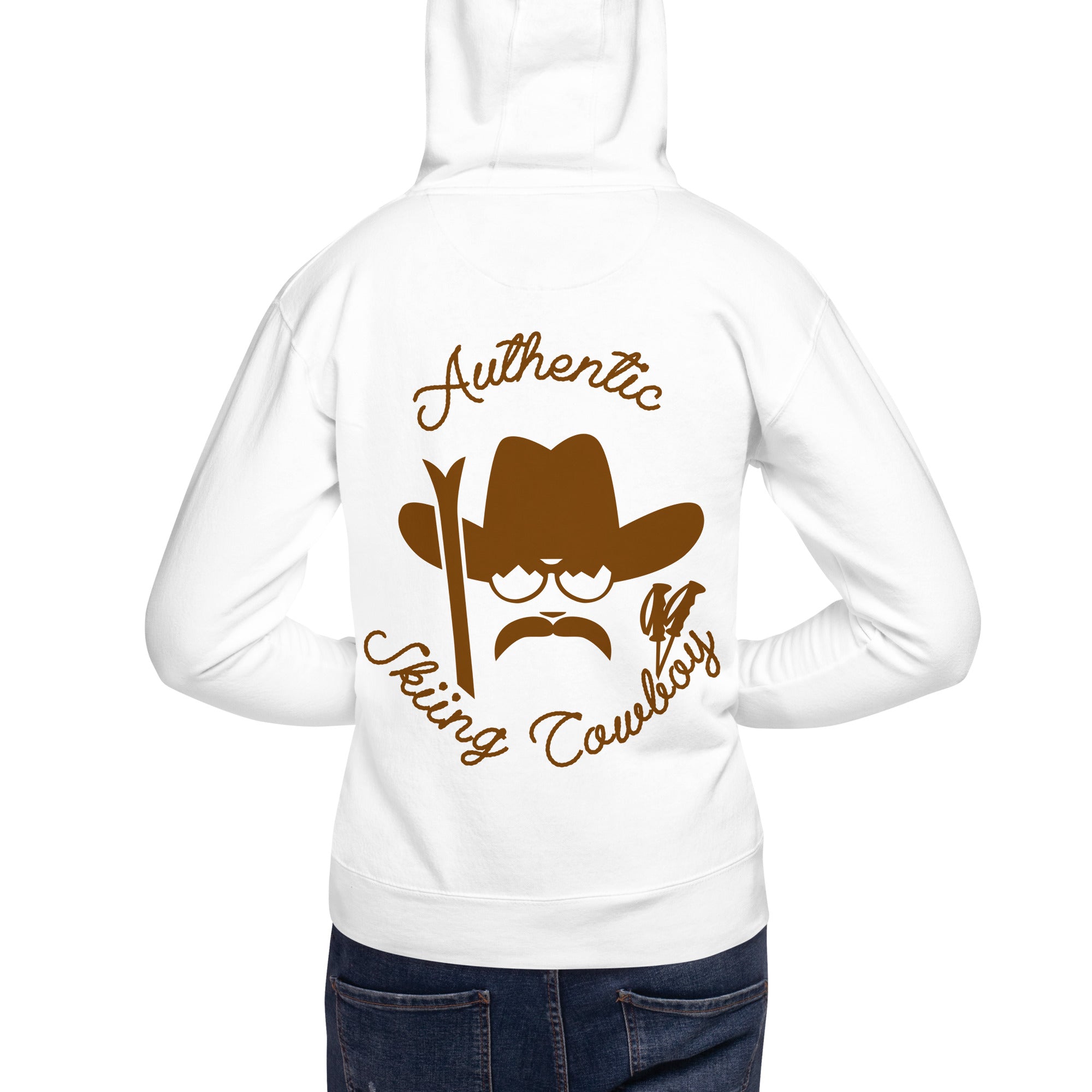 Unisex Cotton Hoodie Authentic Skiing Cowboy Brown (front & back)