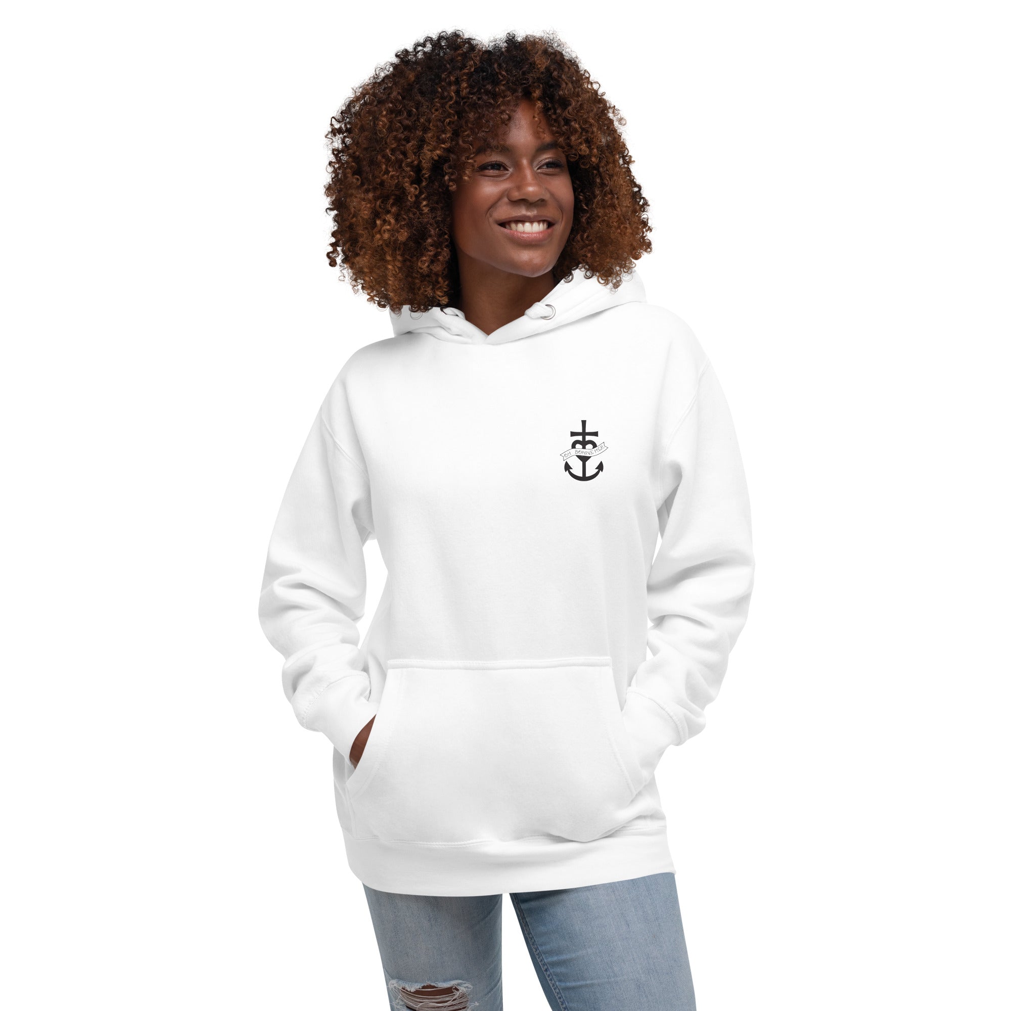 Sweat à capuche unisexe en coton Oh Bonne Mer 1 (face & dos) avec grand motif dans le dos