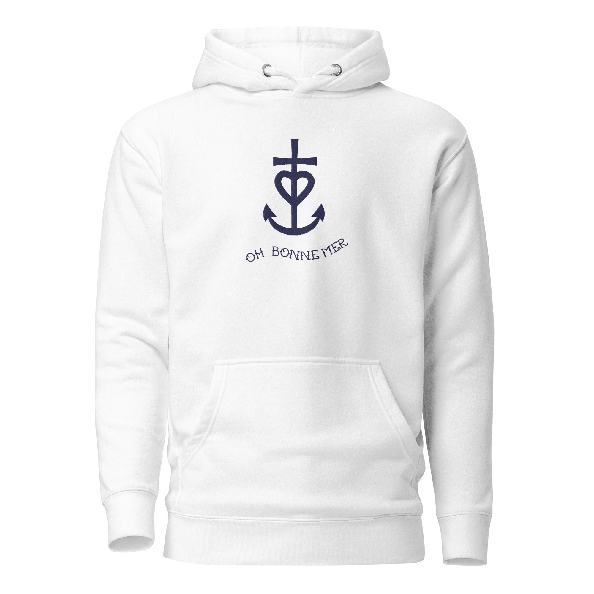 Sweat à capuche unisexe en coton Croix de Camargue Oh Bonne mer bleu marine grand motif brodé sur couleurs claires