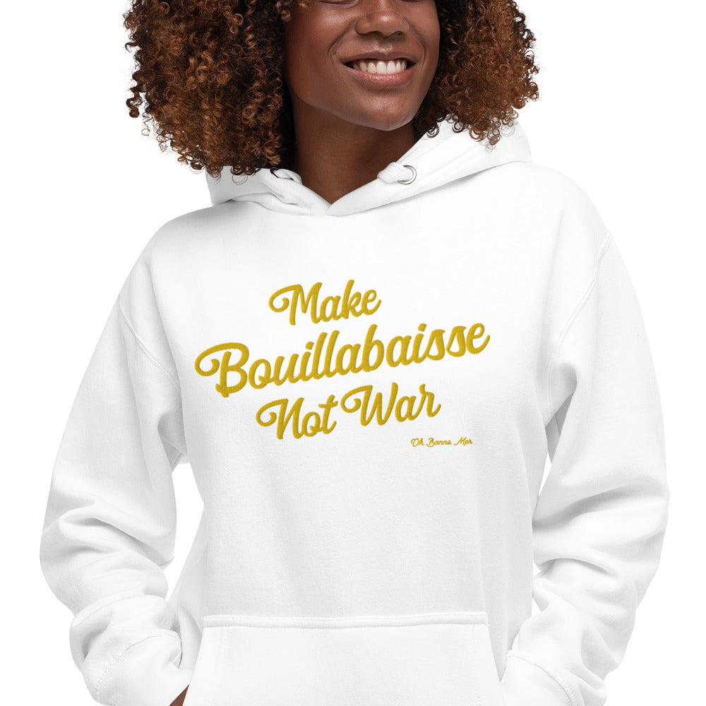 Sweat à capuche unisexe en coton Make Bouillabaisse Not War doré grand motif brodé sur couleurs claires