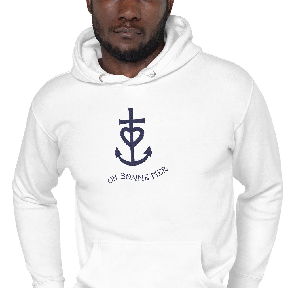 Sweat à capuche unisexe en coton Croix de Camargue Oh Bonne mer bleu marine grand motif brodé sur couleurs claires