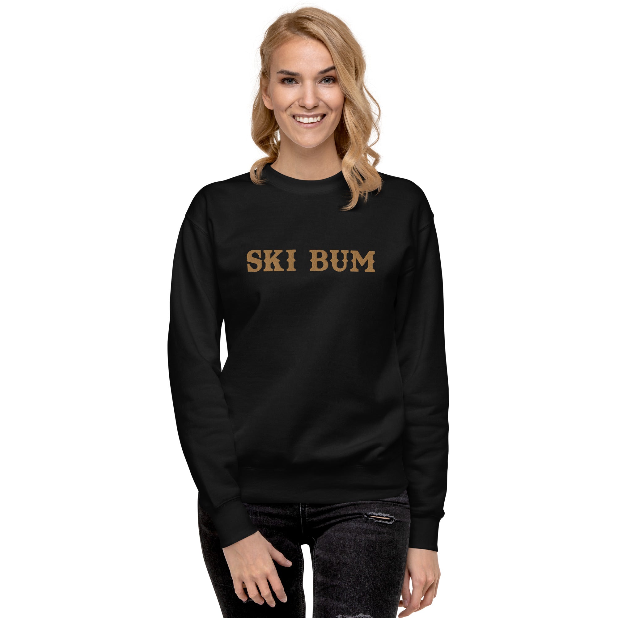 Unisex Premium Sweatshirt Ski Bum Old Gold large embroidered pattern