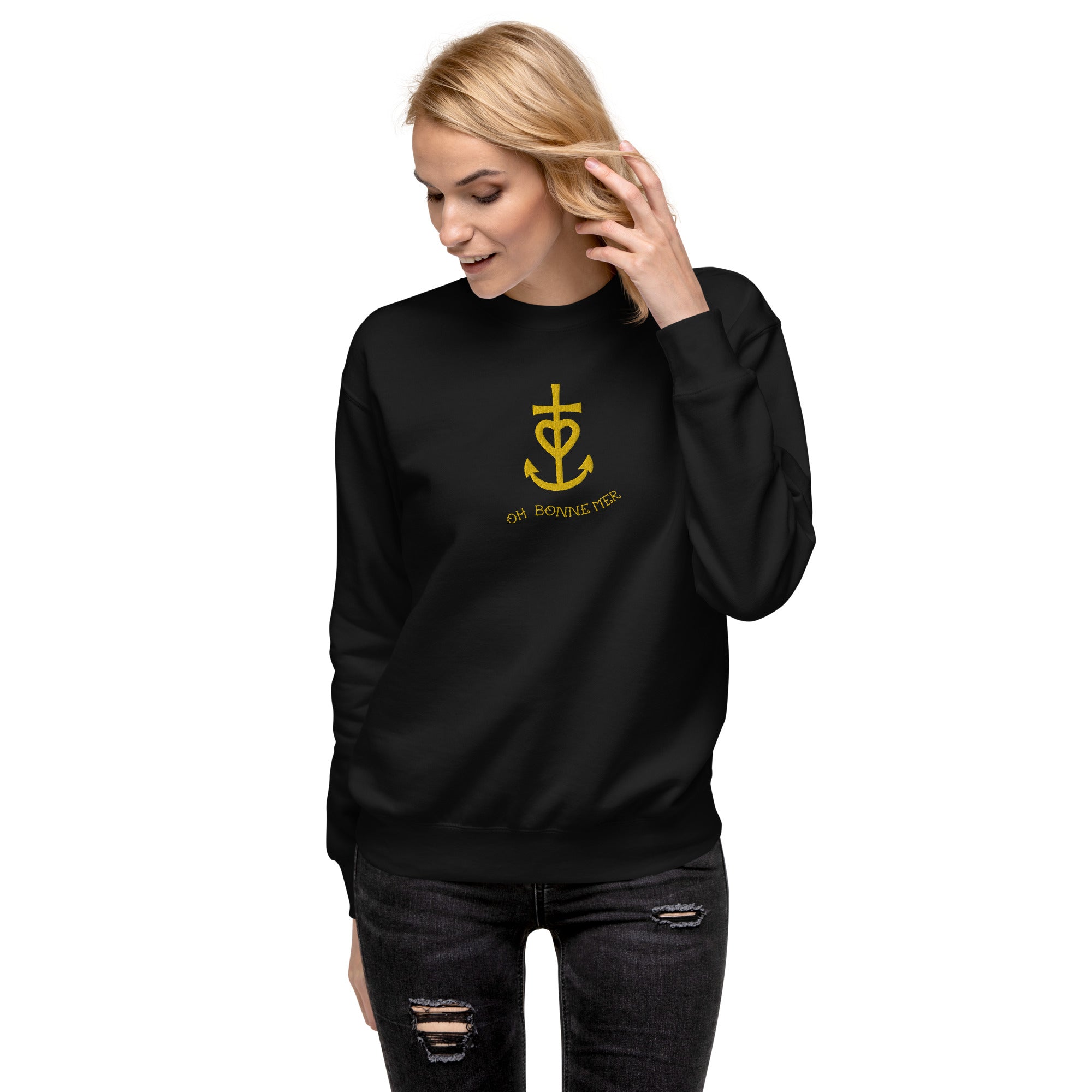 Sweatshirt premium unisexe Croix de camargue dorée avec texte Oh Bonne mer grand motif brodé