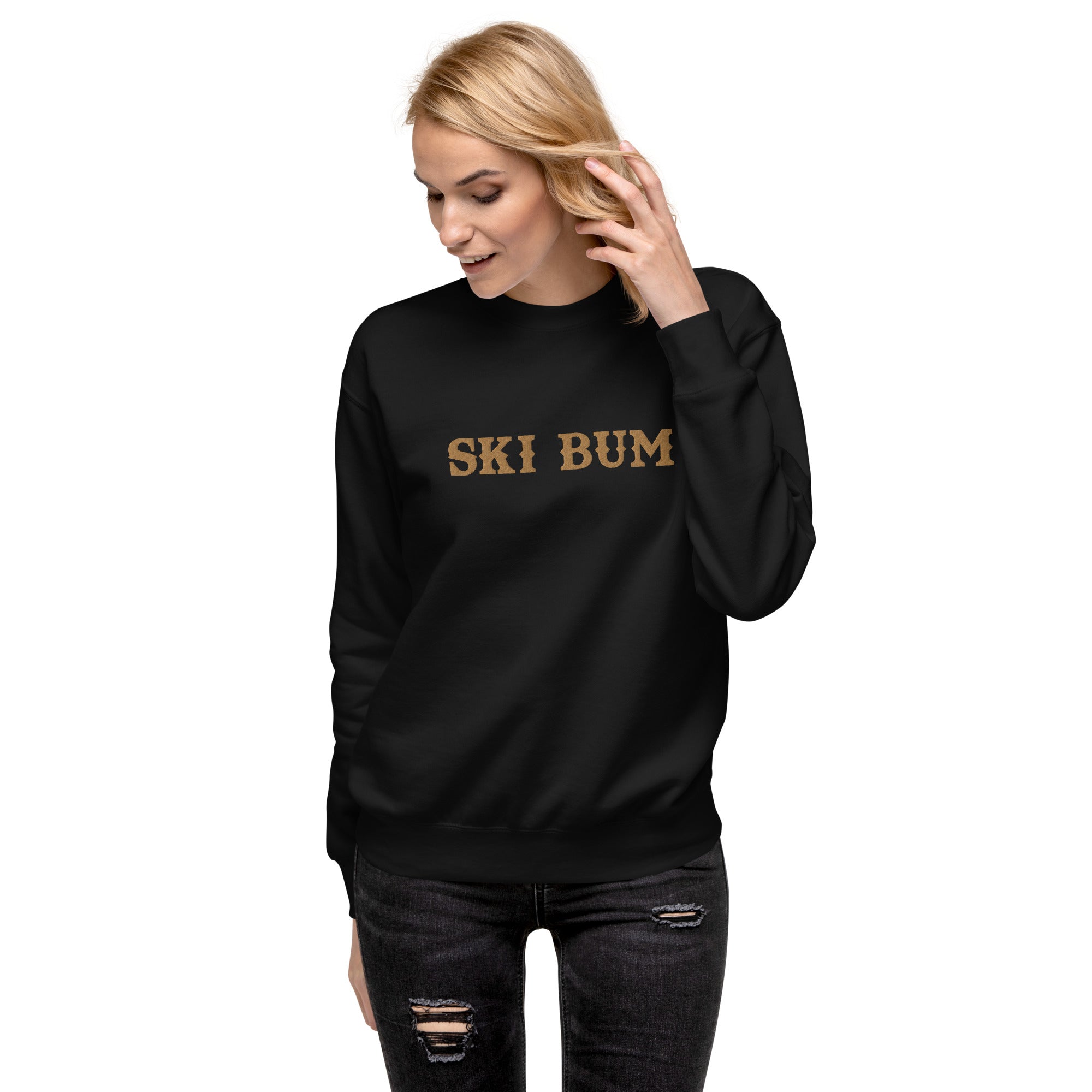 Unisex Premium Sweatshirt Ski Bum Old Gold large embroidered pattern