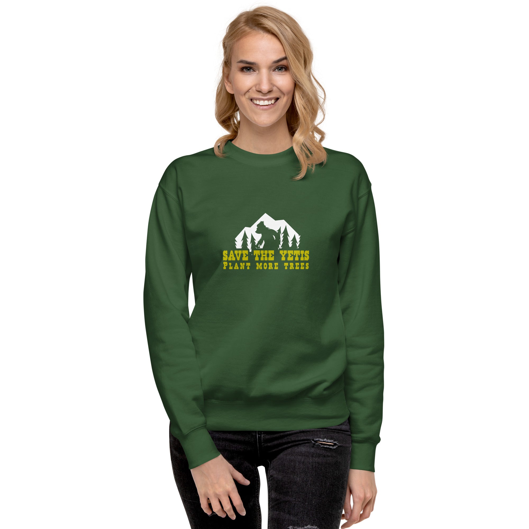 Sweatshirt premium unisexe Save the Yetis, Plant more Trees sur couleurs foncées