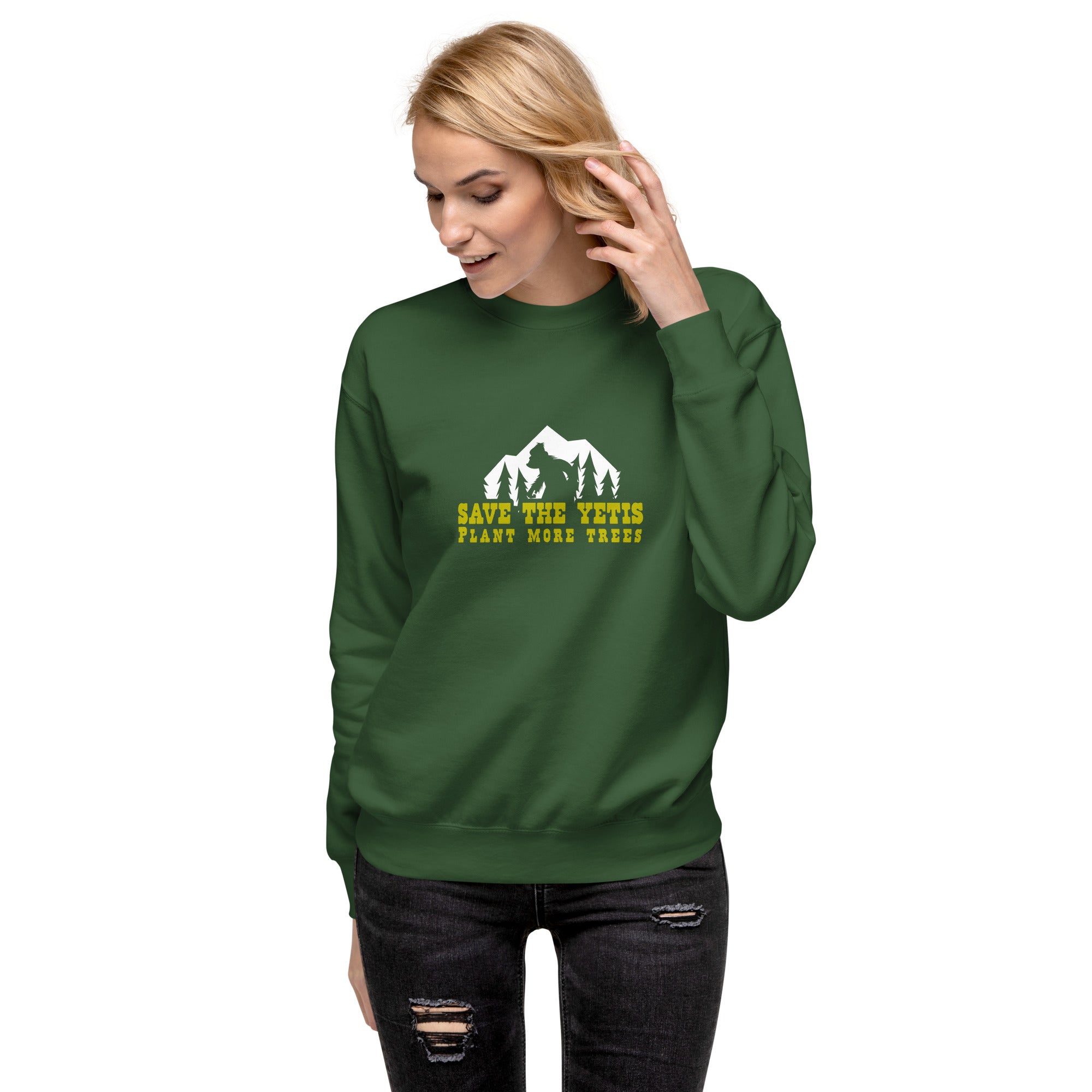 Sweatshirt premium unisexe Save the Yetis, Plant more Trees sur couleurs foncées