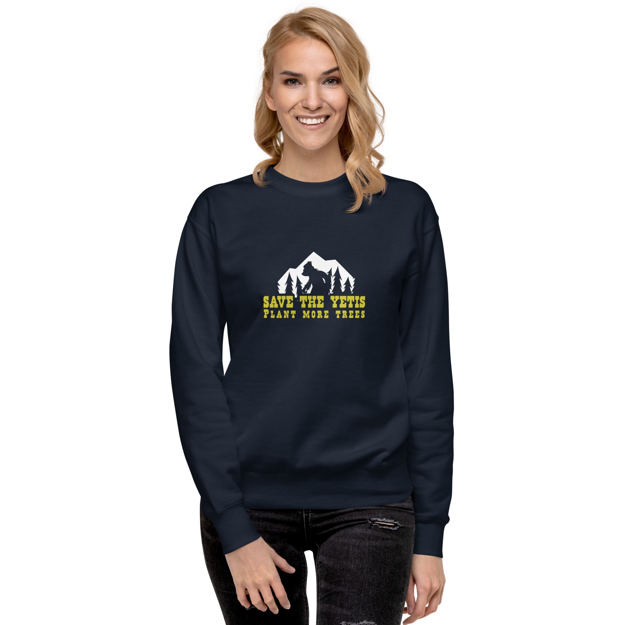 Sweatshirt premium unisexe Save the Yetis, Plant more Trees sur couleurs foncées