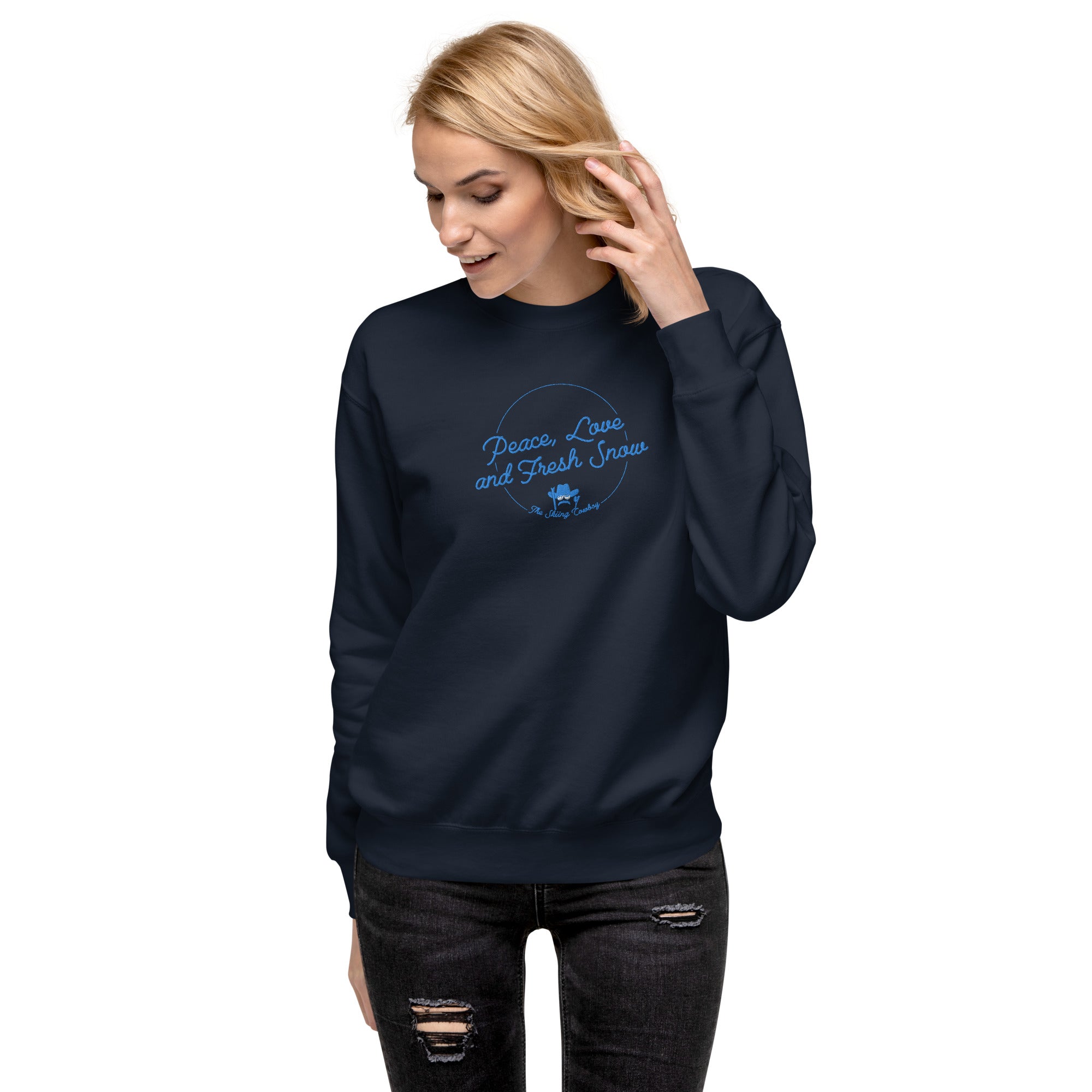 Unisex Premium Sweatshirt Peace, Love and Fresh Snow embroidered pattern