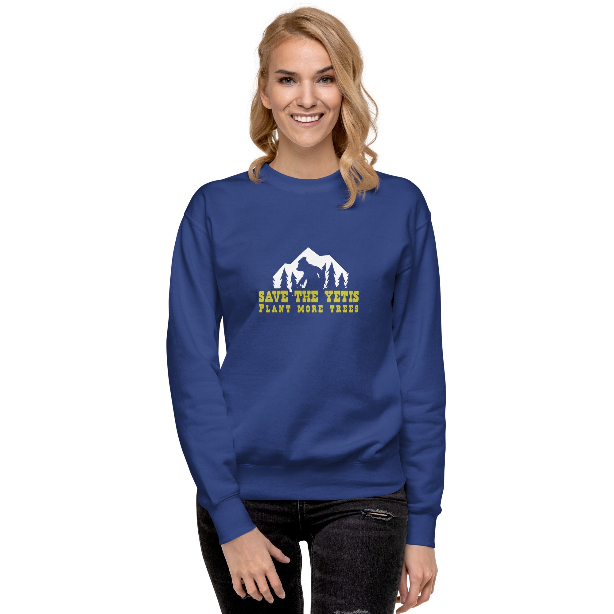 Sweatshirt premium unisexe Save the Yetis, Plant more Trees sur couleurs foncées