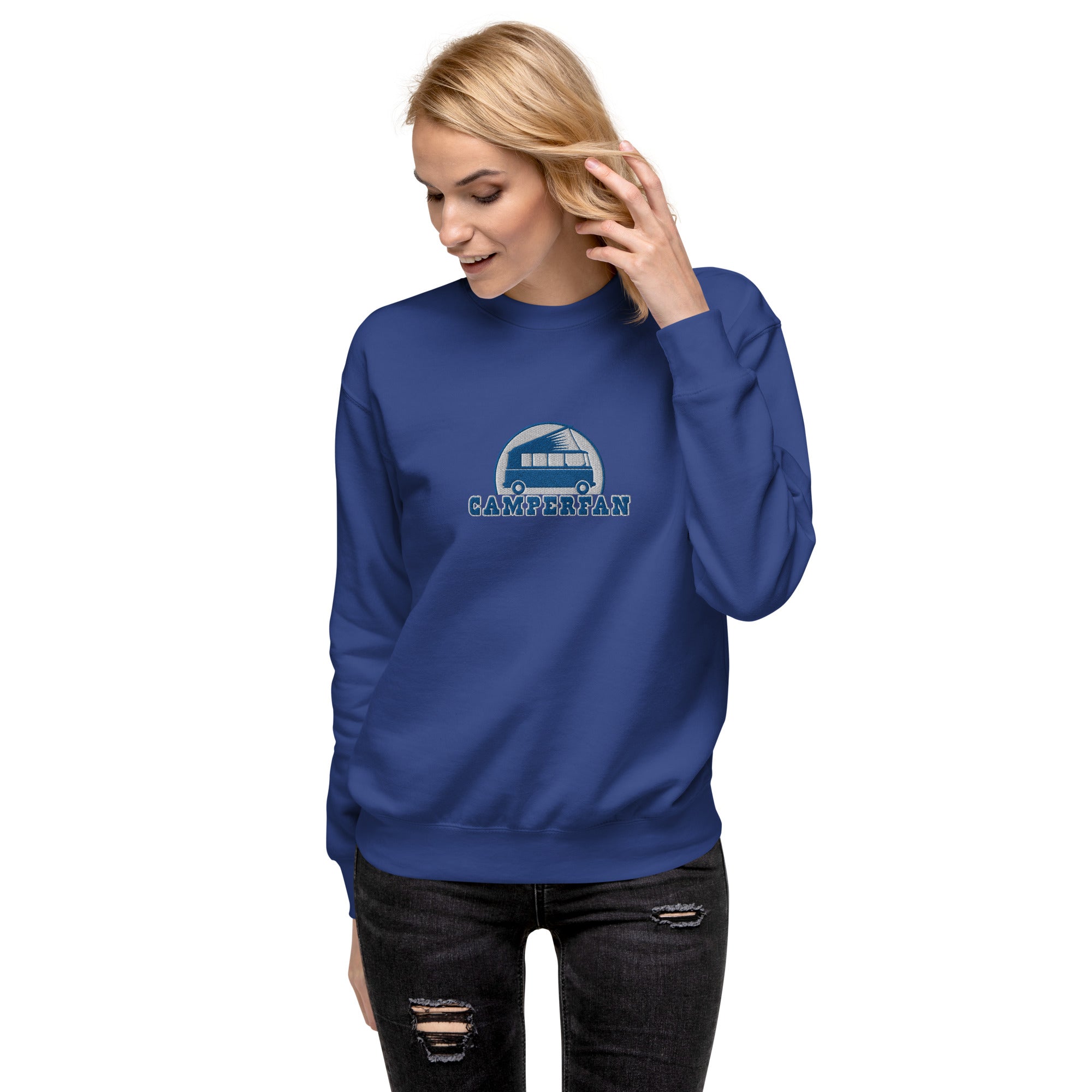 Sweatshirt premium unisexe Camperfan grand motif brodé bleu/blanc