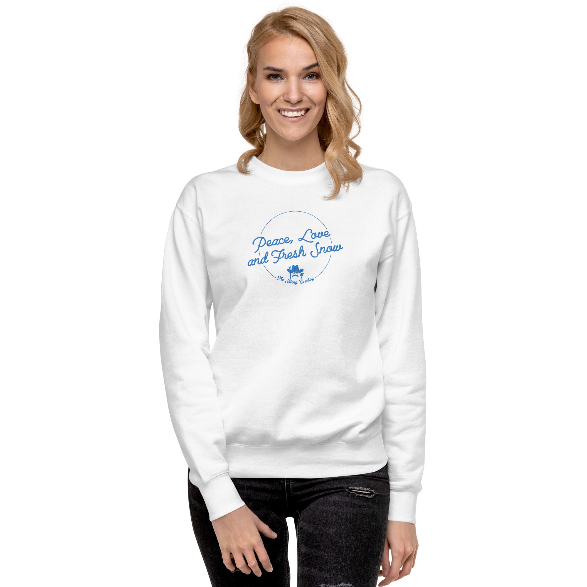 Unisex Premium Sweatshirt Peace, Love and Fresh Snow embroidered pattern