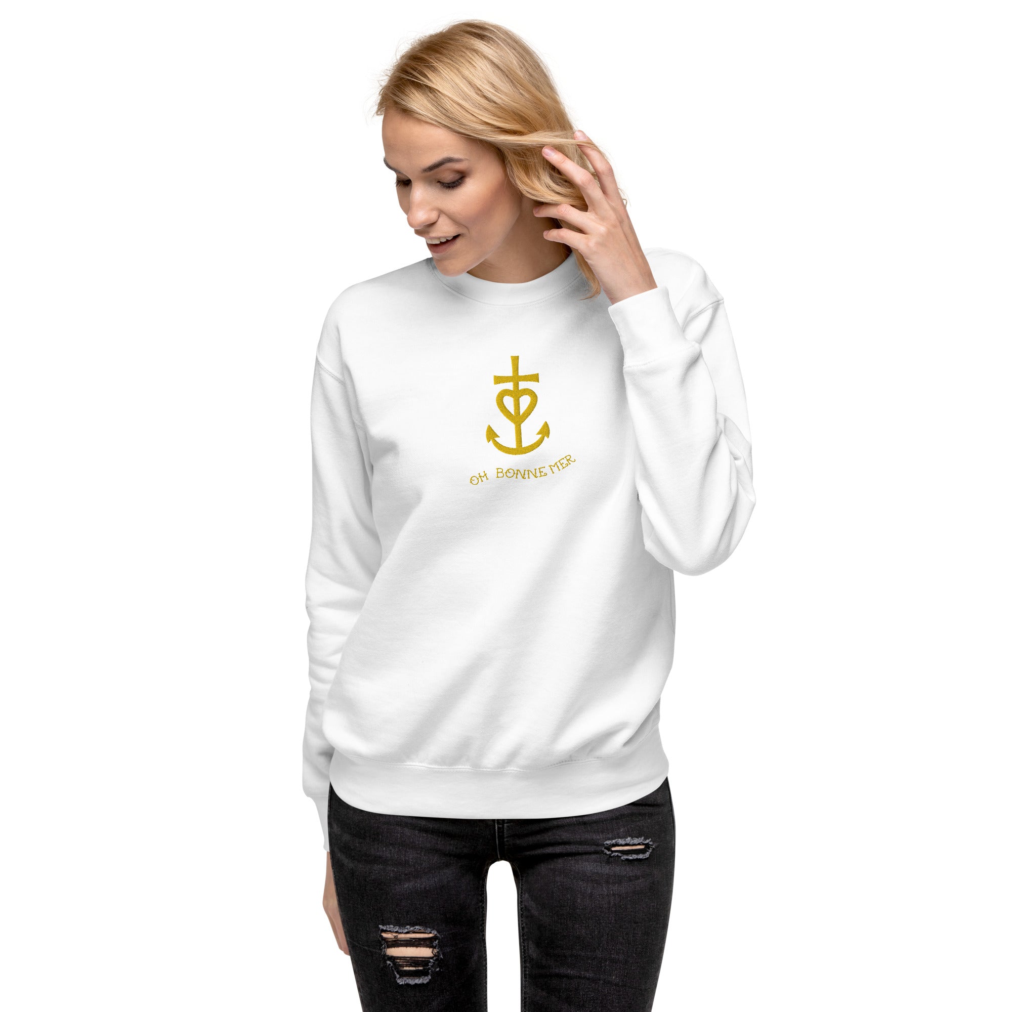 Sweatshirt premium unisexe Croix de camargue dorée avec texte Oh Bonne mer grand motif brodé