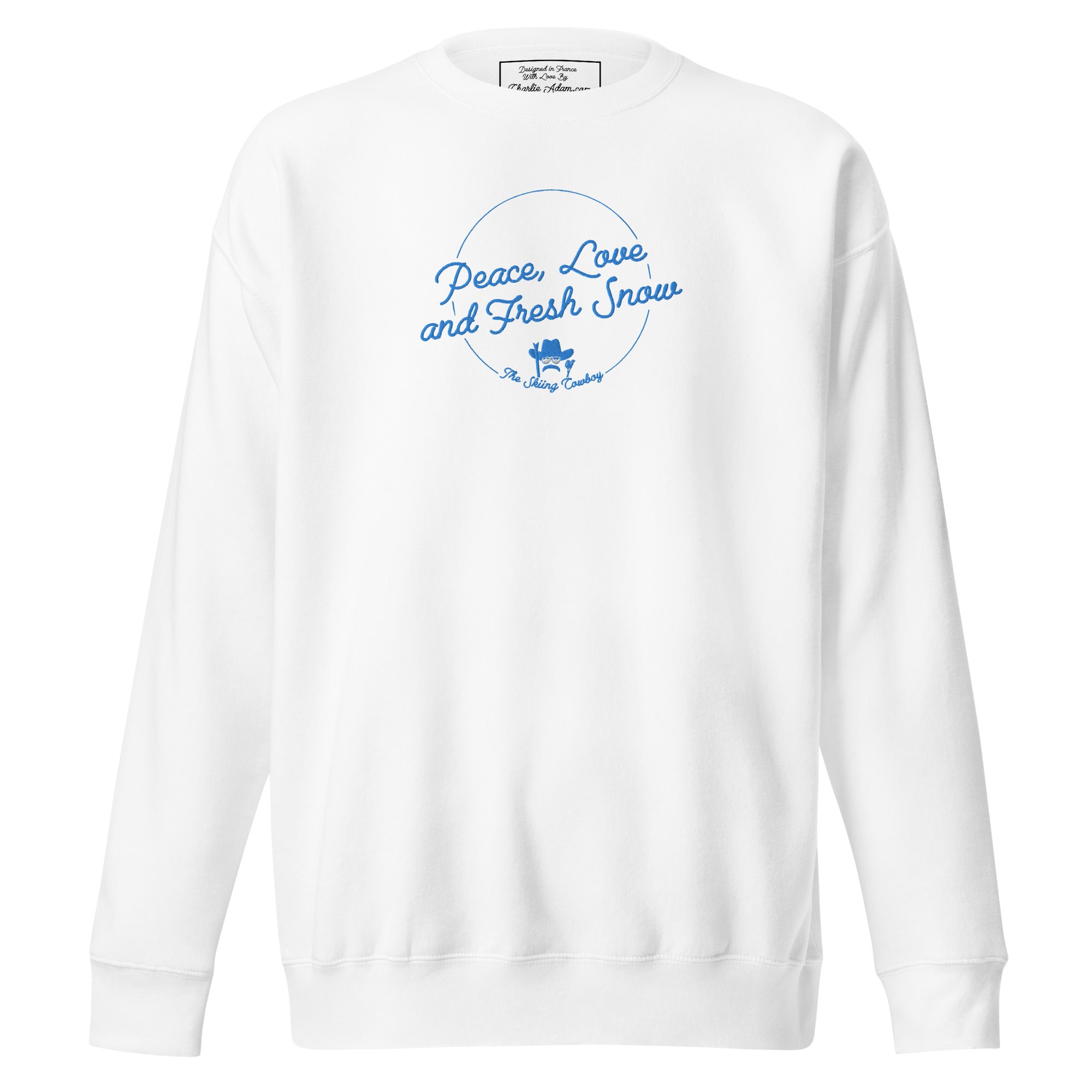 Unisex Premium Sweatshirt Peace, Love and Fresh Snow embroidered pattern