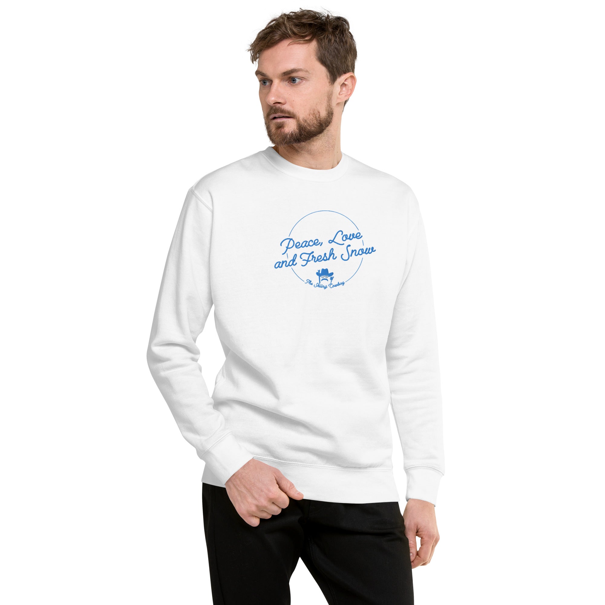 Unisex Premium Sweatshirt Peace, Love and Fresh Snow embroidered pattern