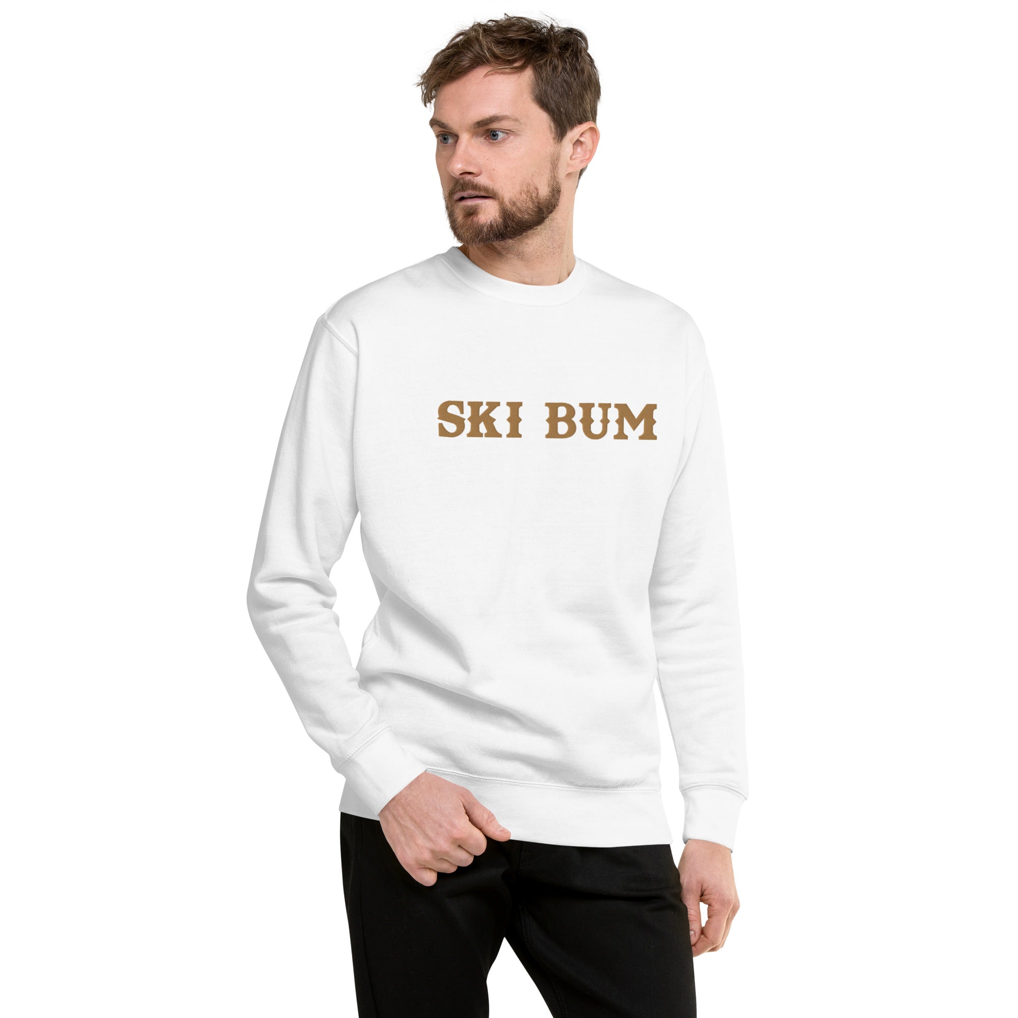 Unisex Premium Sweatshirt Ski Bum Old Gold large embroidered pattern
