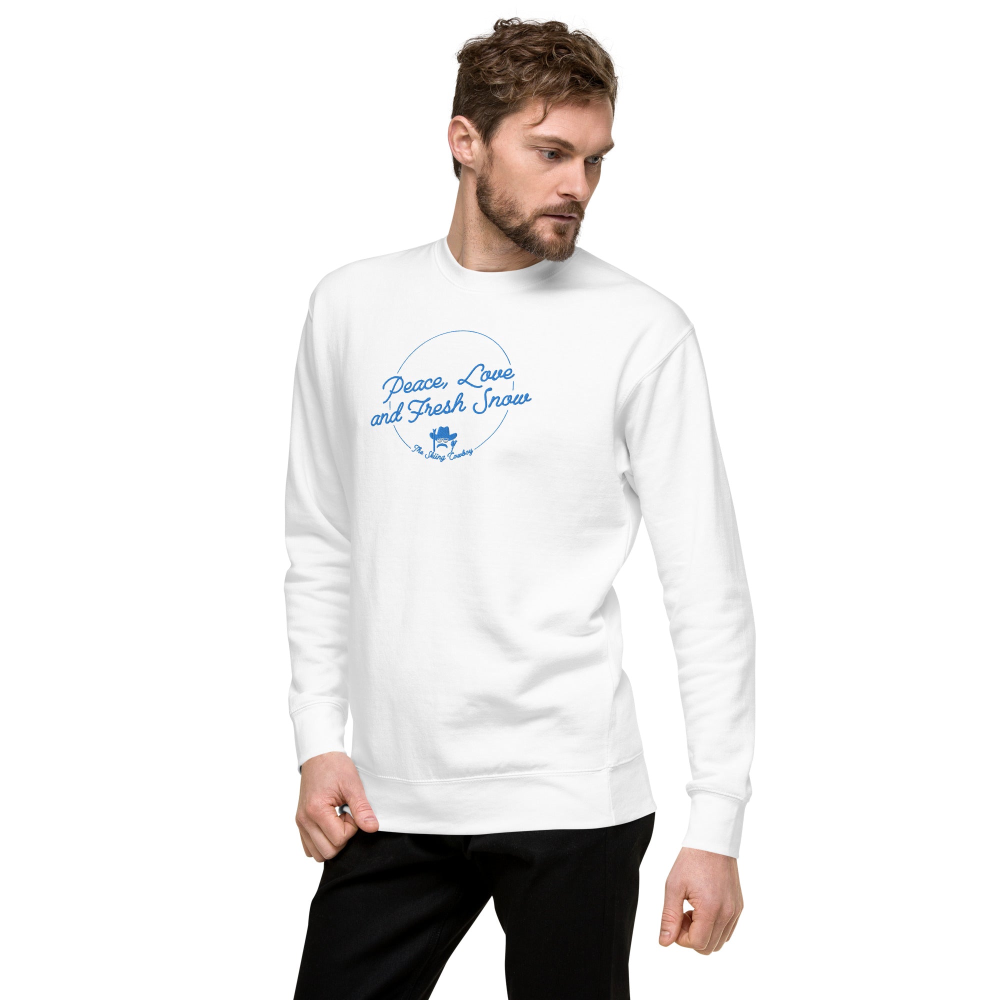 Sweatshirt premium unisexe Peace, Love and Fresh Snow brodé