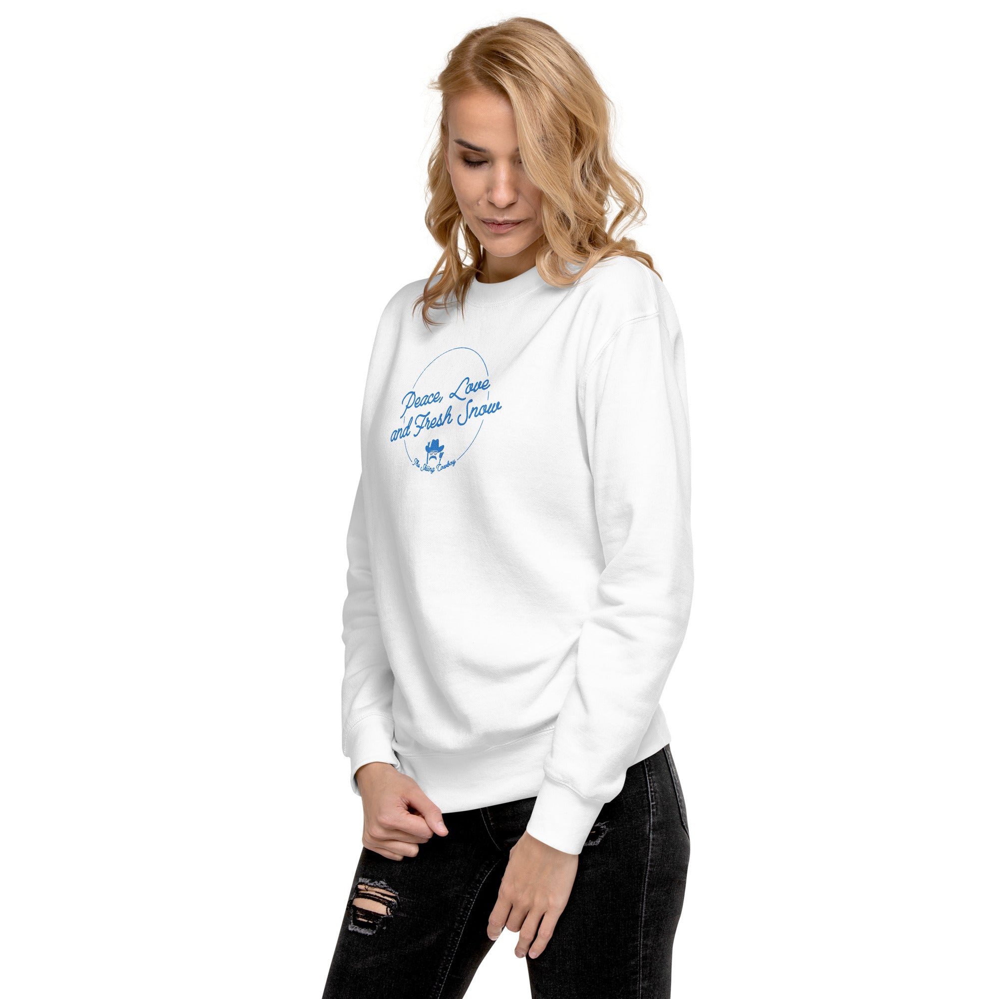 Unisex Premium Sweatshirt Peace, Love and Fresh Snow embroidered pattern