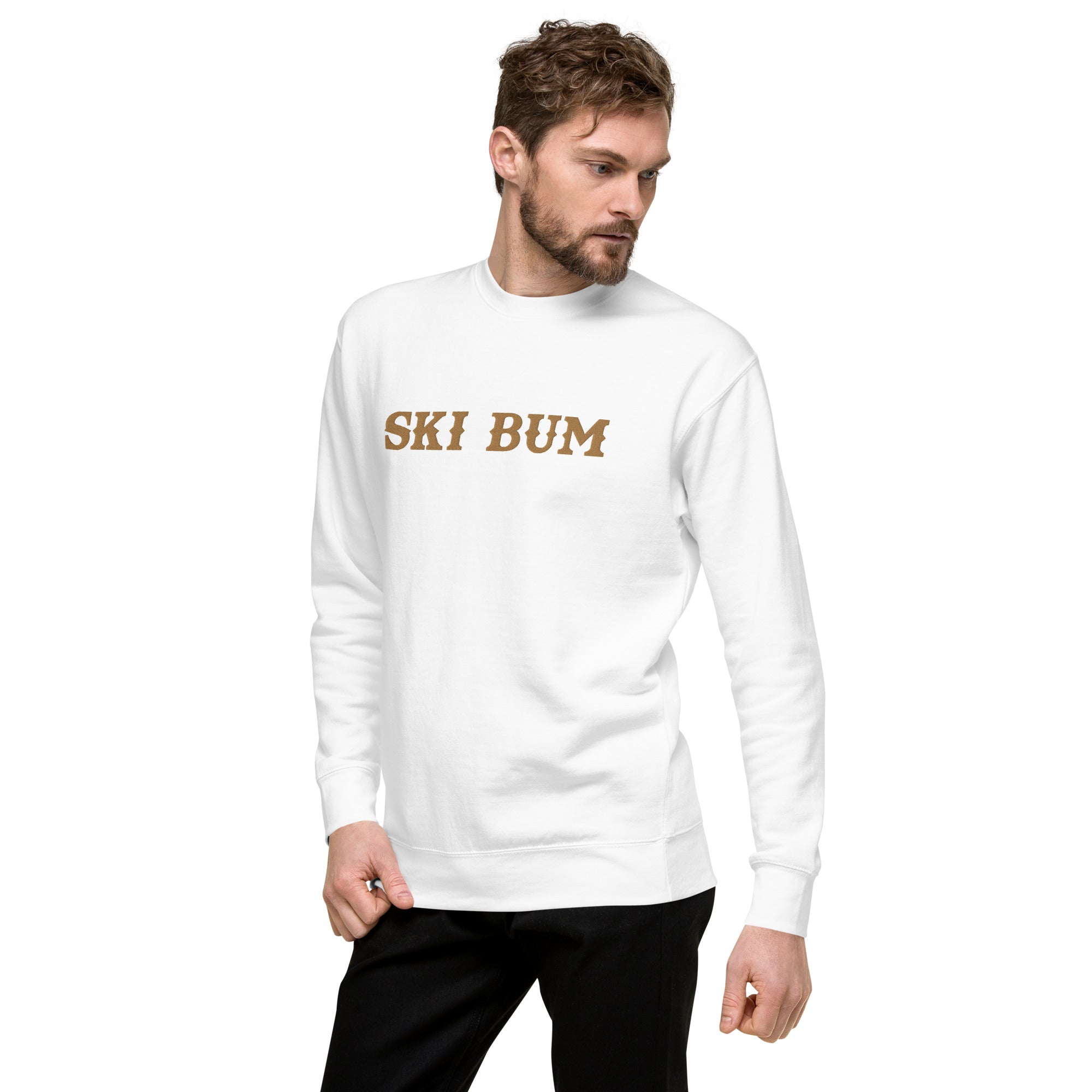 Unisex Premium Sweatshirt Ski Bum Old Gold large embroidered pattern