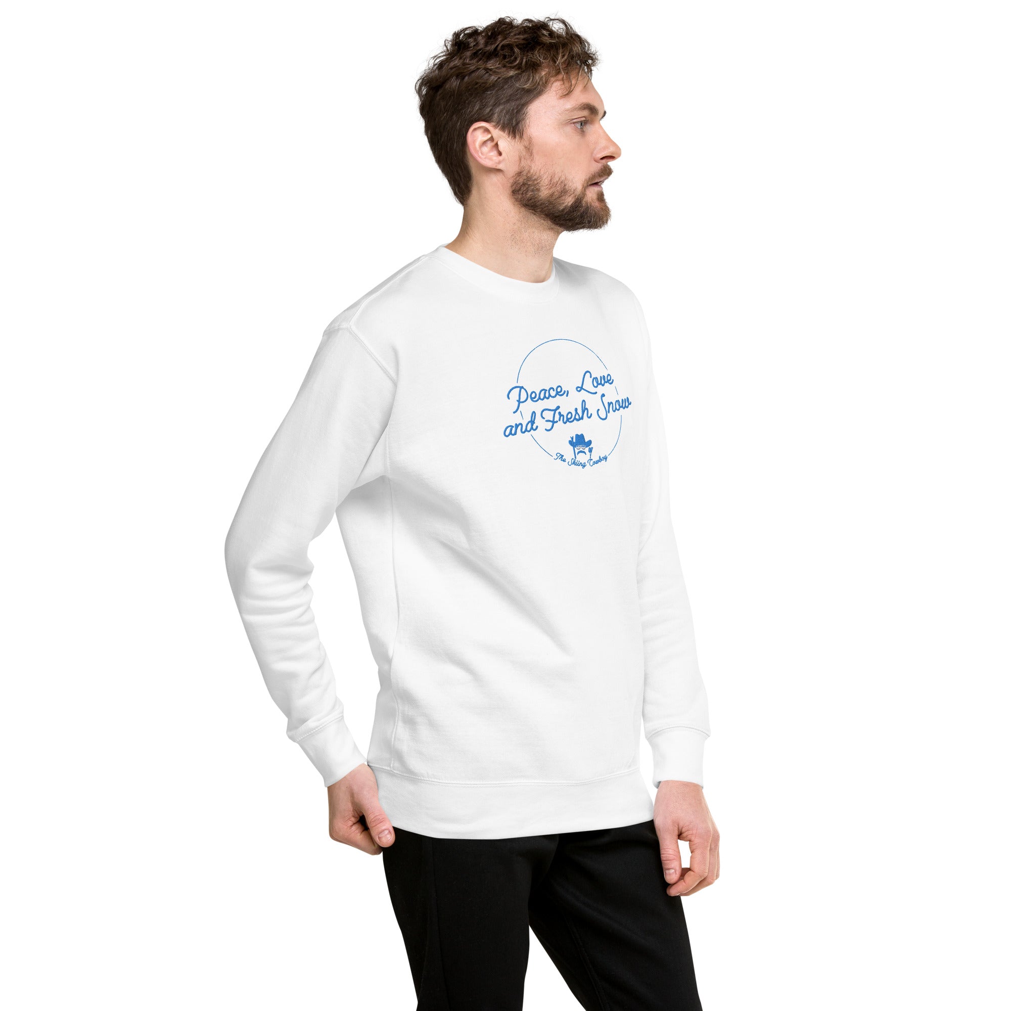 Unisex Premium Sweatshirt Peace, Love and Fresh Snow embroidered pattern