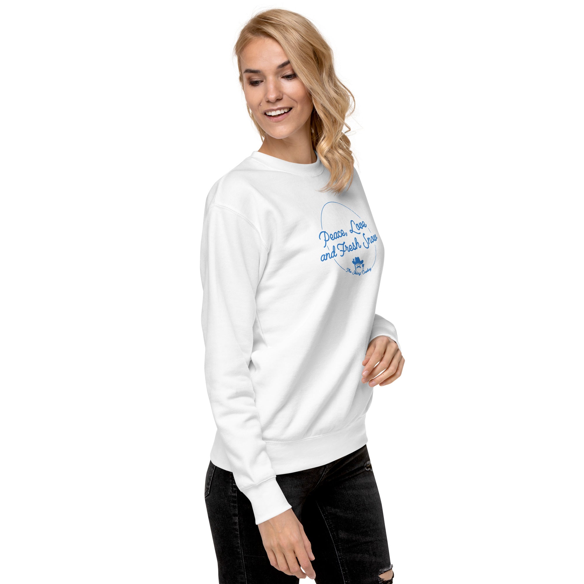 Unisex Premium Sweatshirt Peace, Love and Fresh Snow embroidered pattern