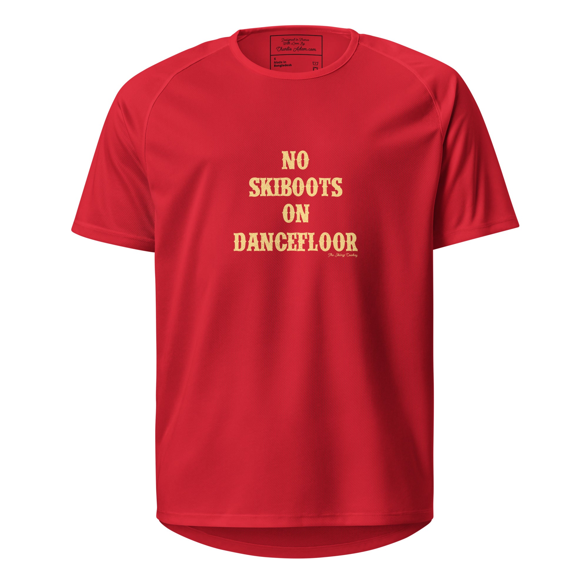 T-shirts de sport respirant No Skiboots on Dancefloor sur fond sombre