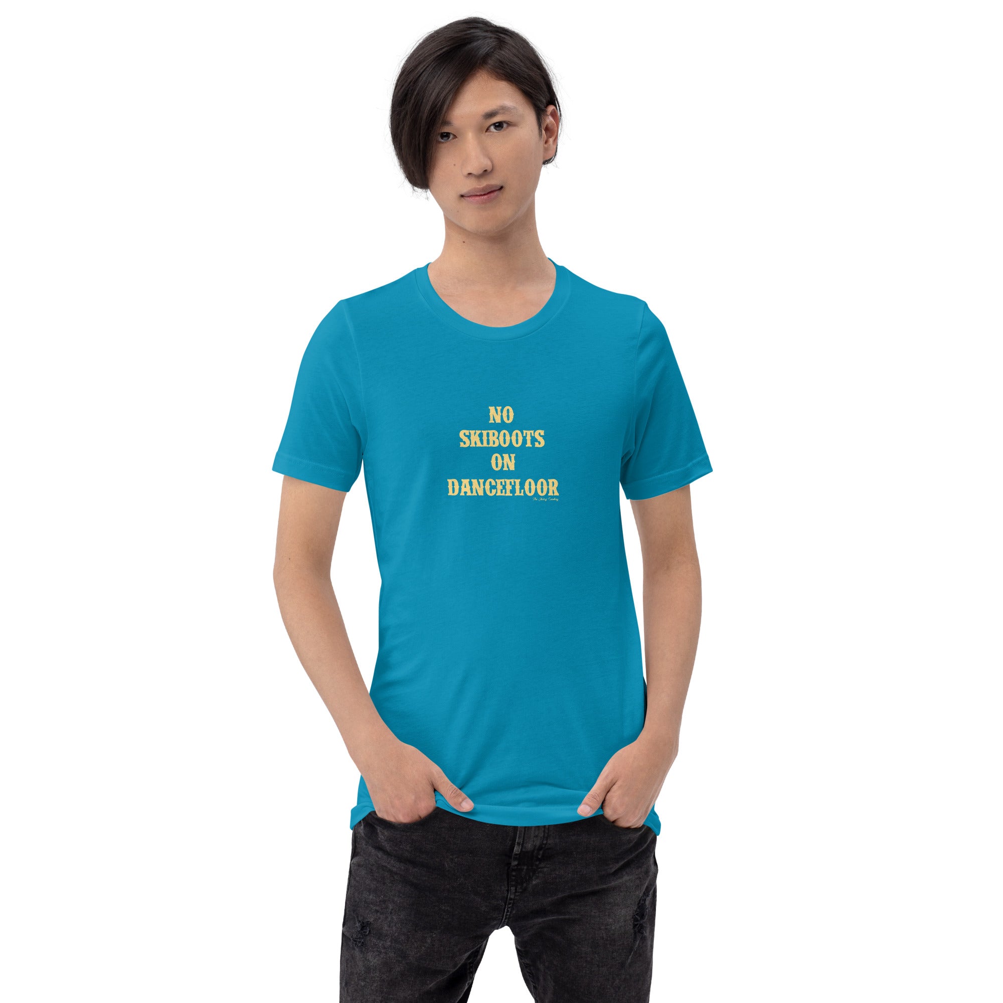 Unisex t-shirt No Skiboots on Dancefloor on bright colors