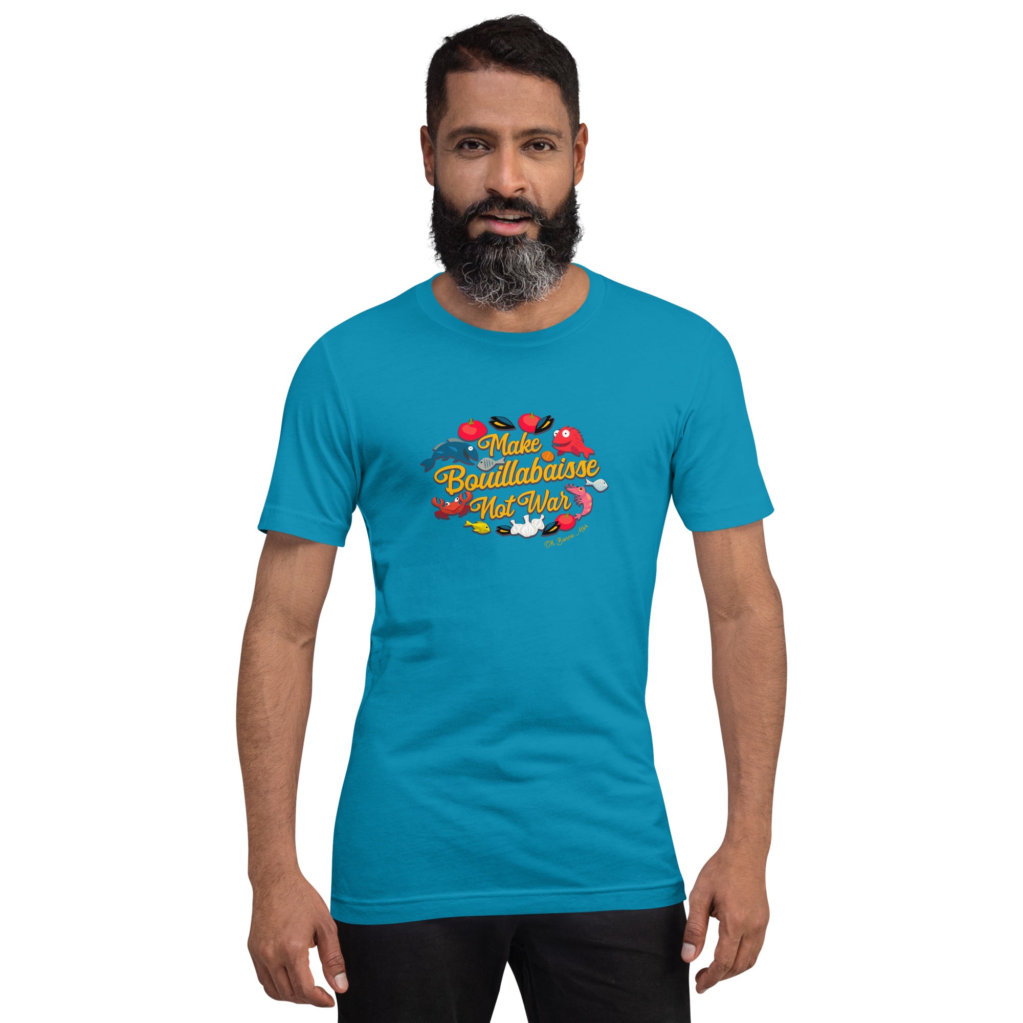 T-shirt en coton unisexe Make Bouillabaisse Not War sur couleurs vives