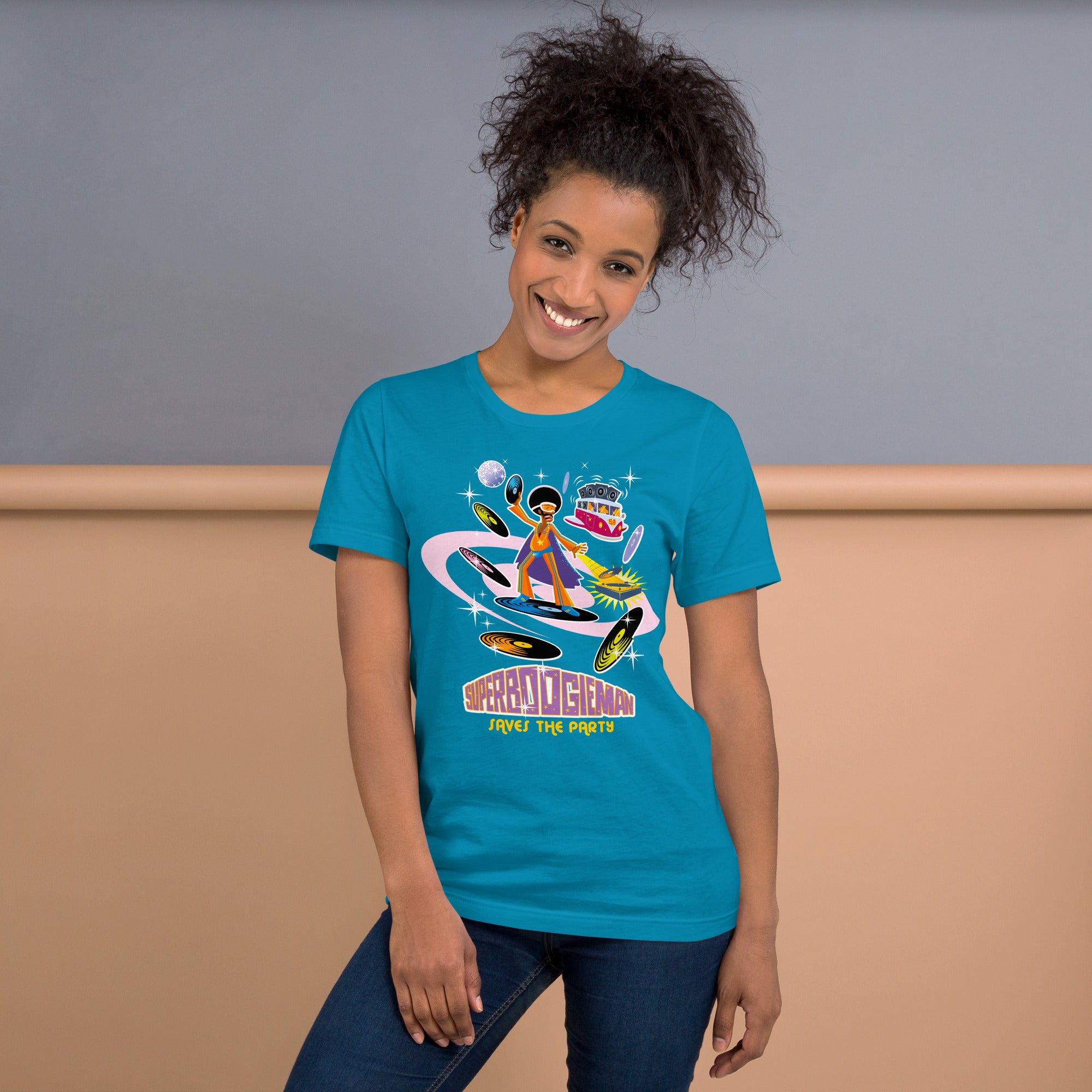 Unisex cotton t-shirt Superboogieman saves the Party on bright colors