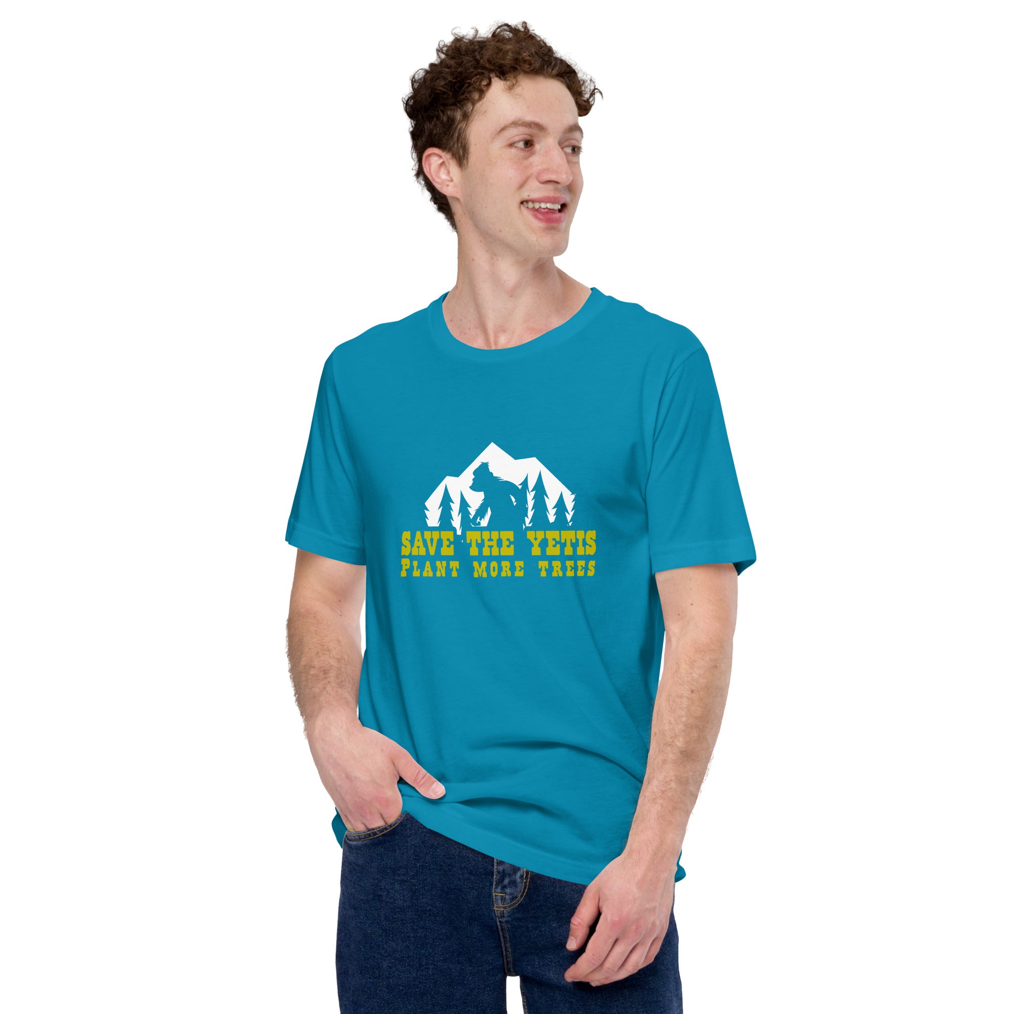 T-shirt en coton unisexe Save the Yetis Plant more Trees sur couleurs vives (face & dos)