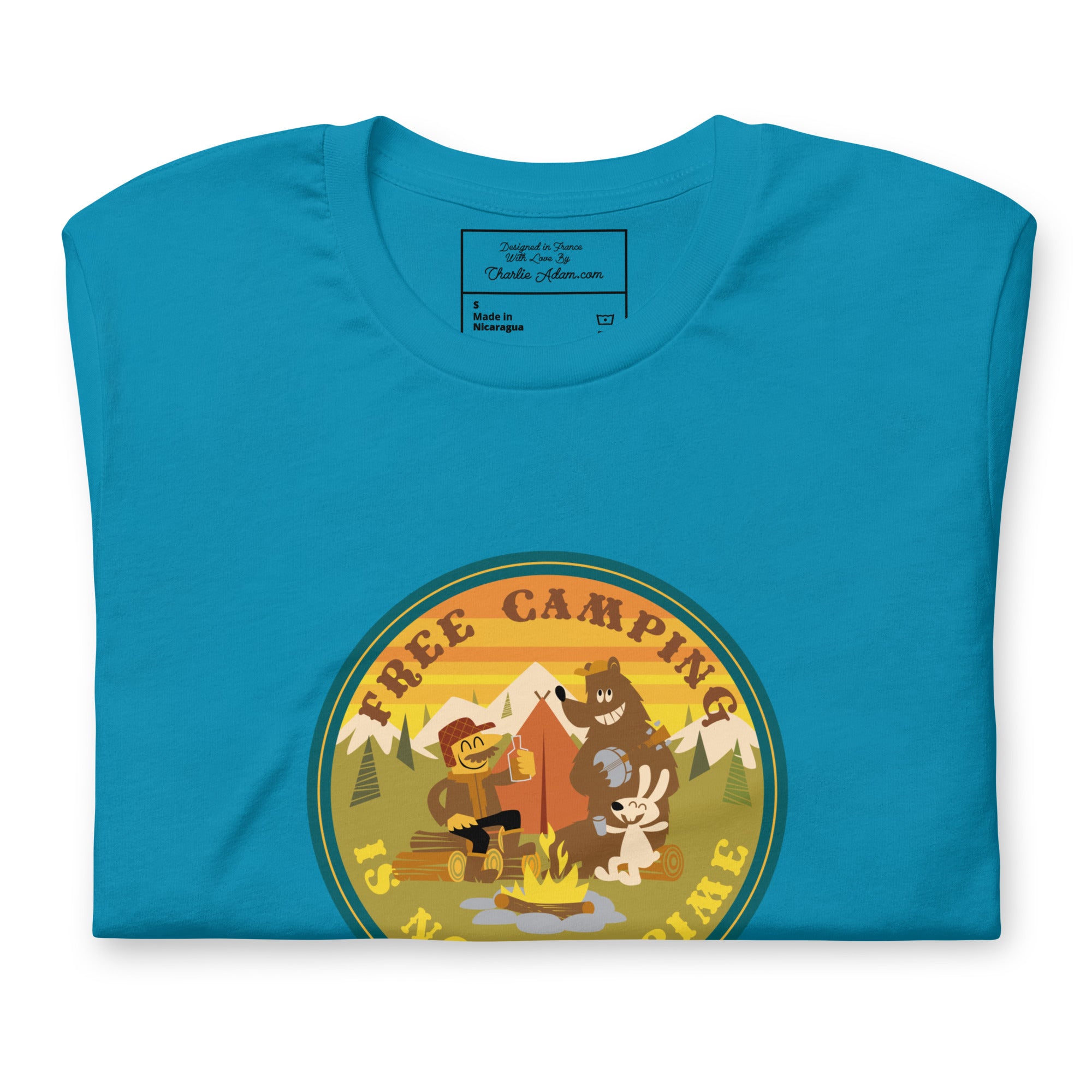 T-shirt en coton unisexe Free Camping is not a crime sur couleurs vives