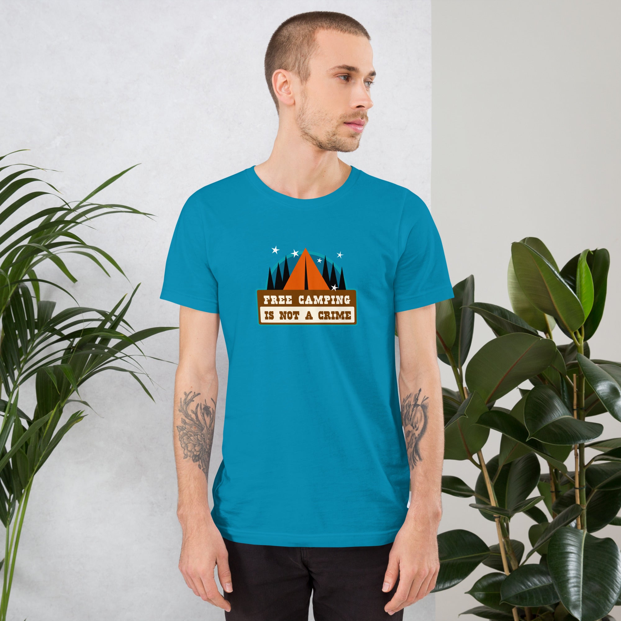 Unisex cotton t-shirt Free Camping is not a Crime on bright colors