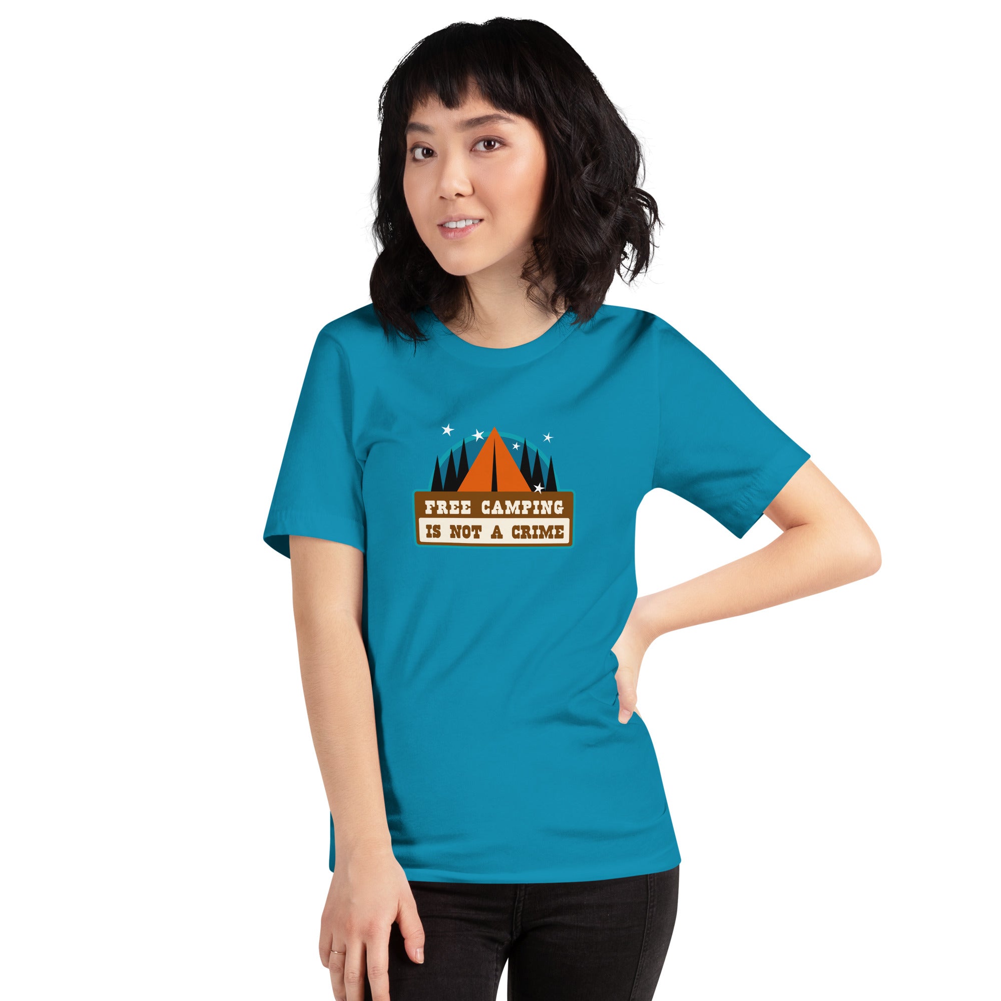 Unisex cotton t-shirt Free Camping is not a Crime on bright colors