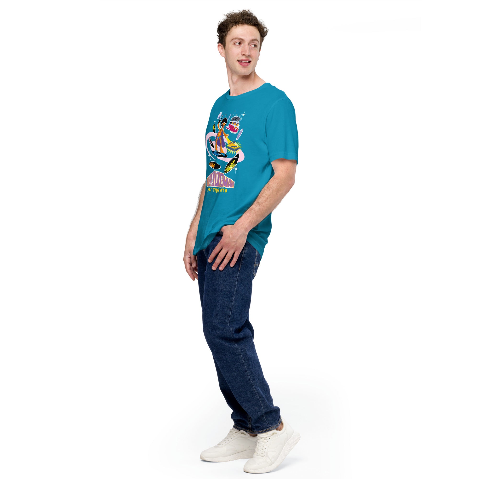 T-shirt en coton unisexe Superboogieman saves the party sur couleurs vives