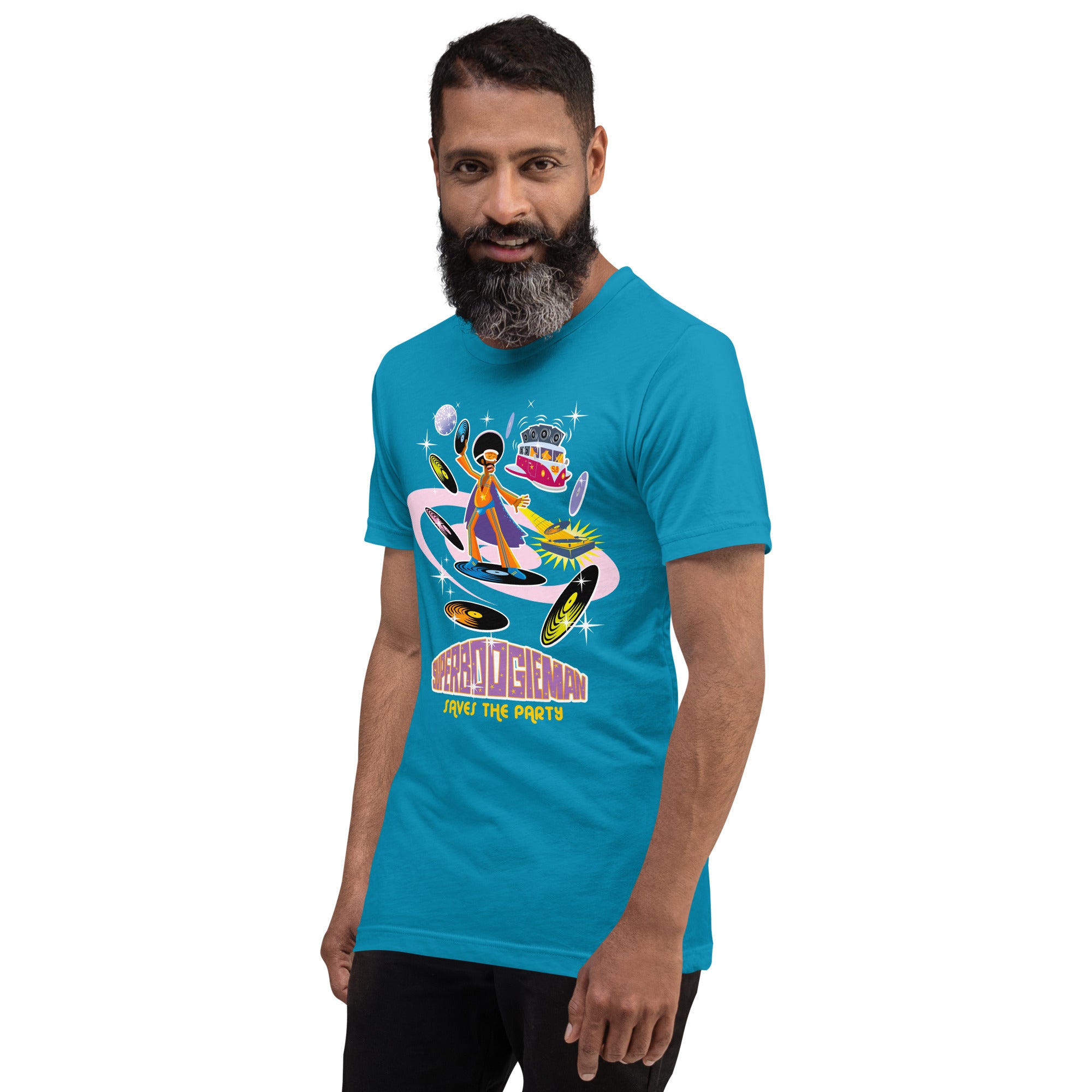 T-shirt en coton unisexe Superboogieman saves the party sur couleurs vives