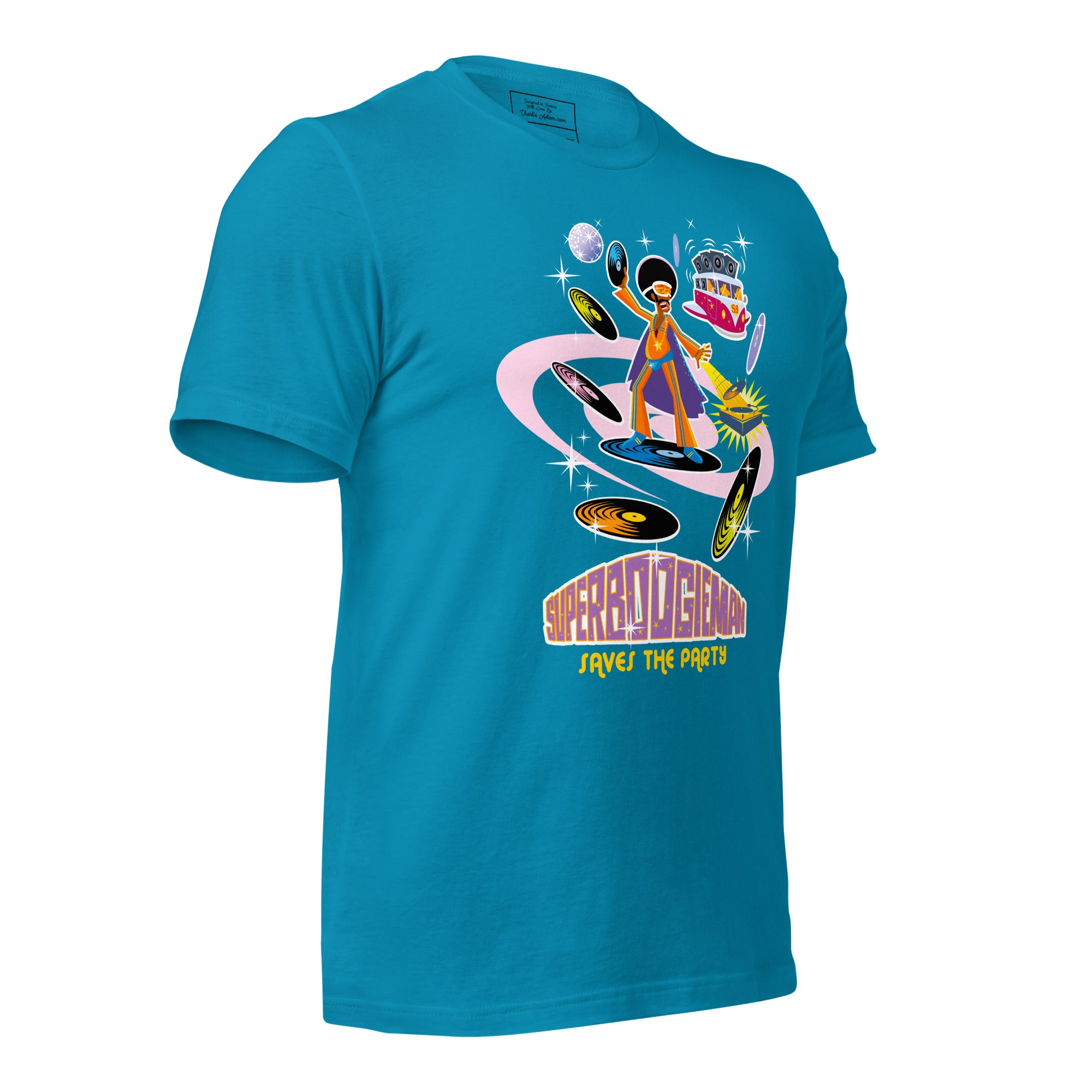 T-shirt en coton unisexe Superboogieman saves the party sur couleurs vives