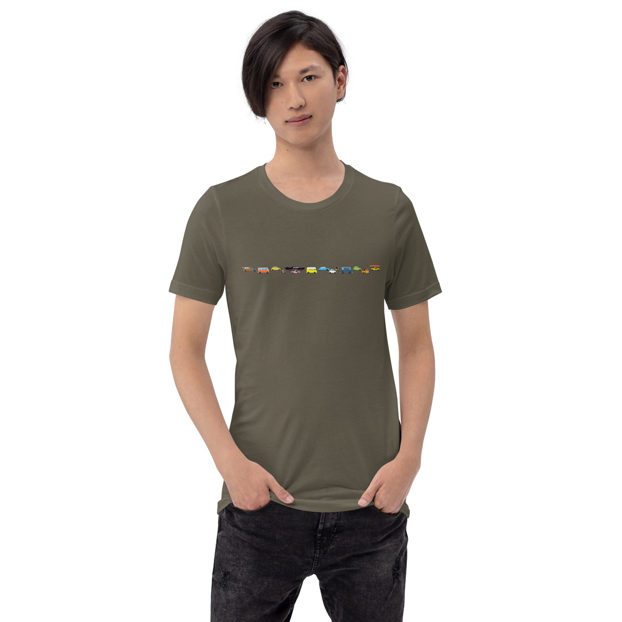 T-shirt en coton unisexe Vintage Cars Traffic Jam sur fond sombre