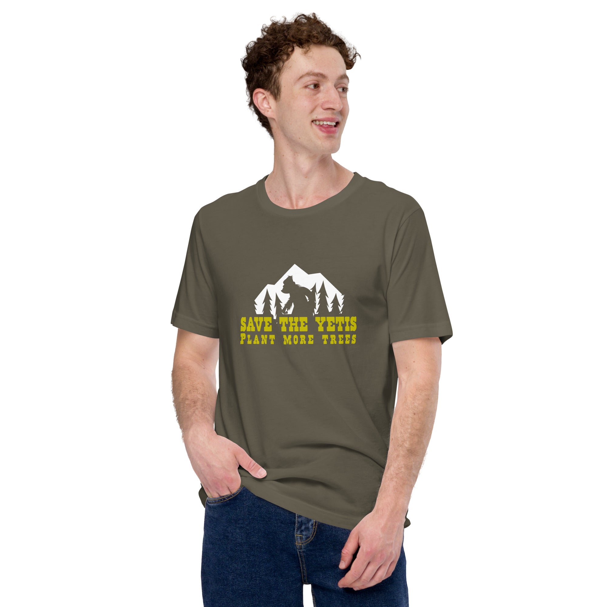 Unisex cotton t-shirt Save the Yetis Plant more Trees on Green (front & back)