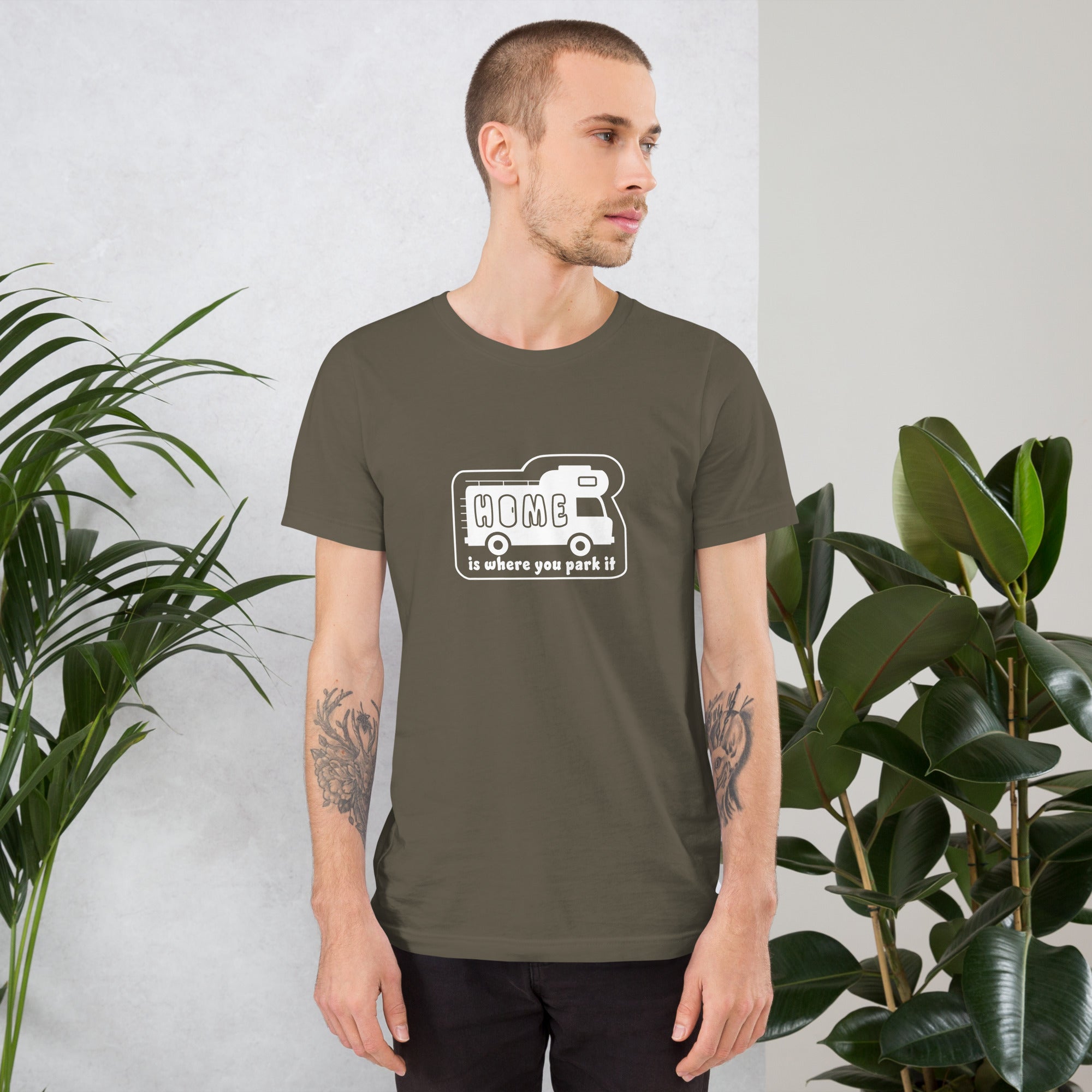 Unisex cotton t-shirt Bold Camper Van on greens