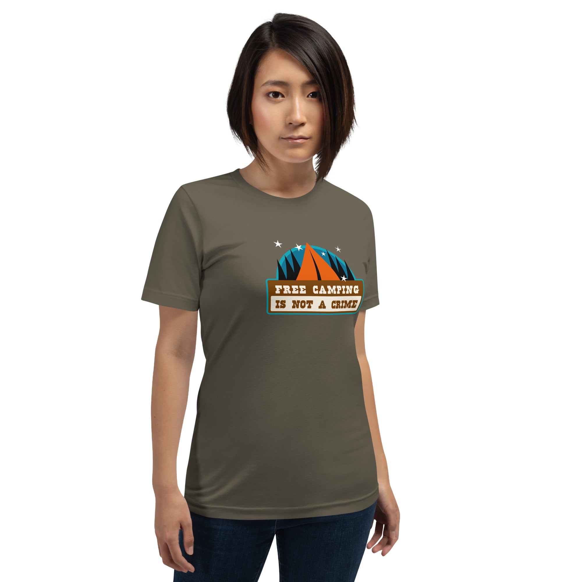 Unisex cotton t-shirt Free Camping is not a Crime on greens