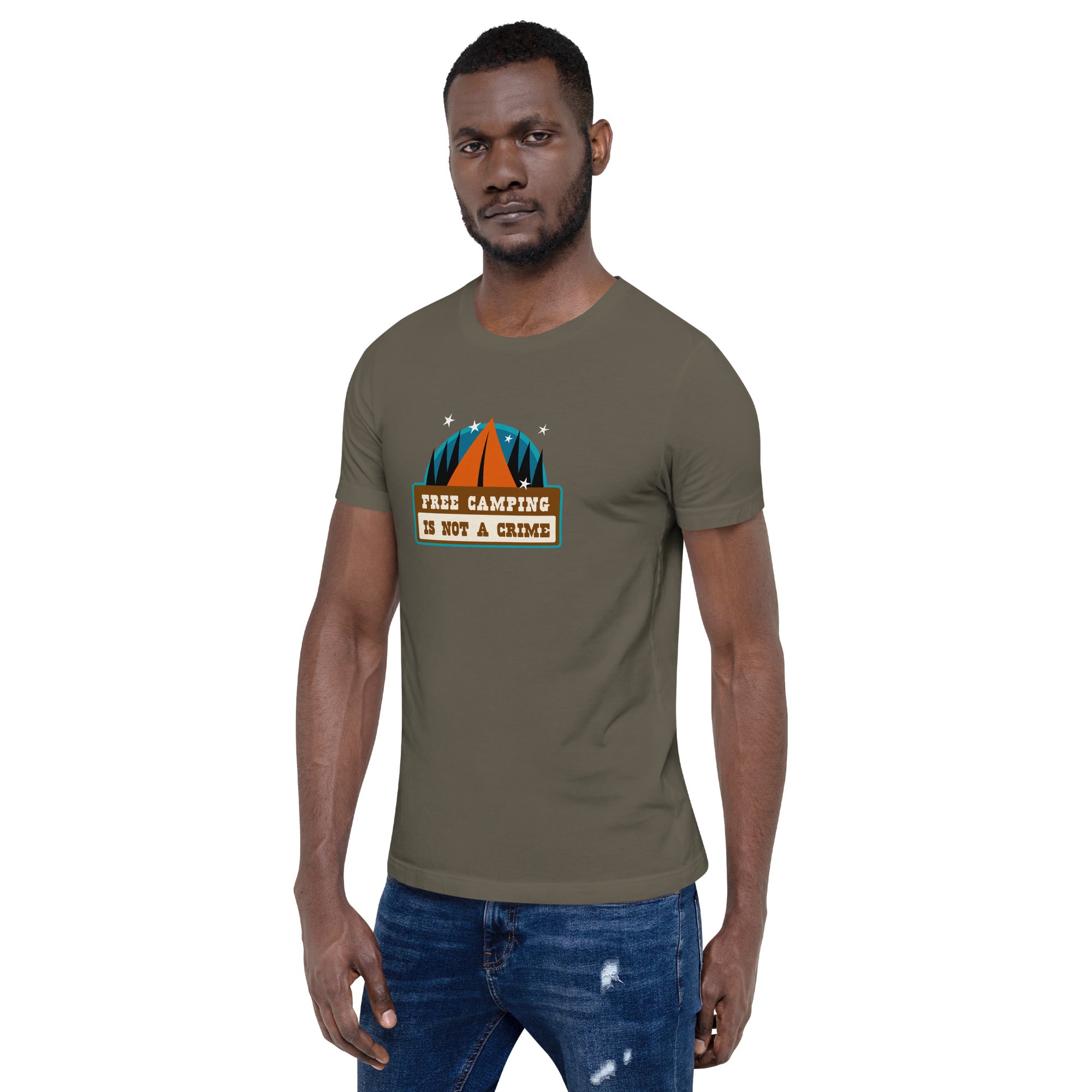 Unisex cotton t-shirt Free Camping is not a Crime on greens