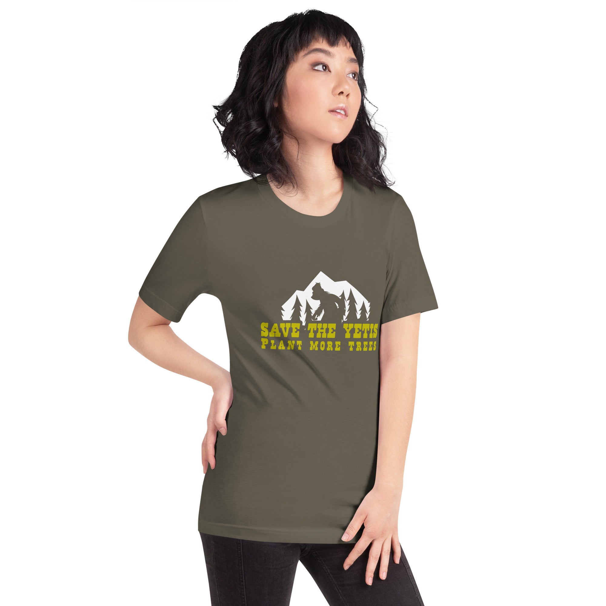 Unisex cotton t-shirt Save the Yetis Plant more Trees on Green (front & back)