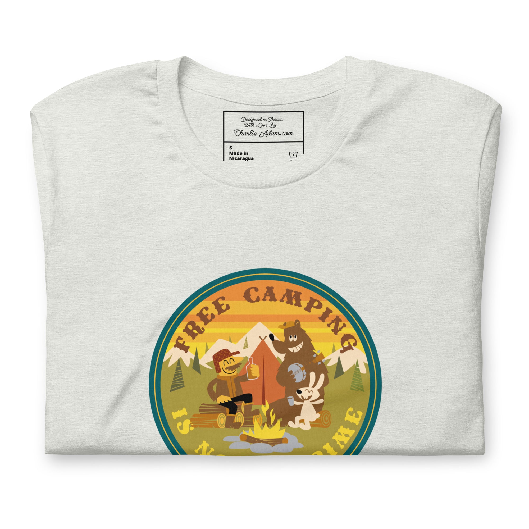 T-shirt en coton unisexe Free Camping is not a crime sur fonds chinés clairs