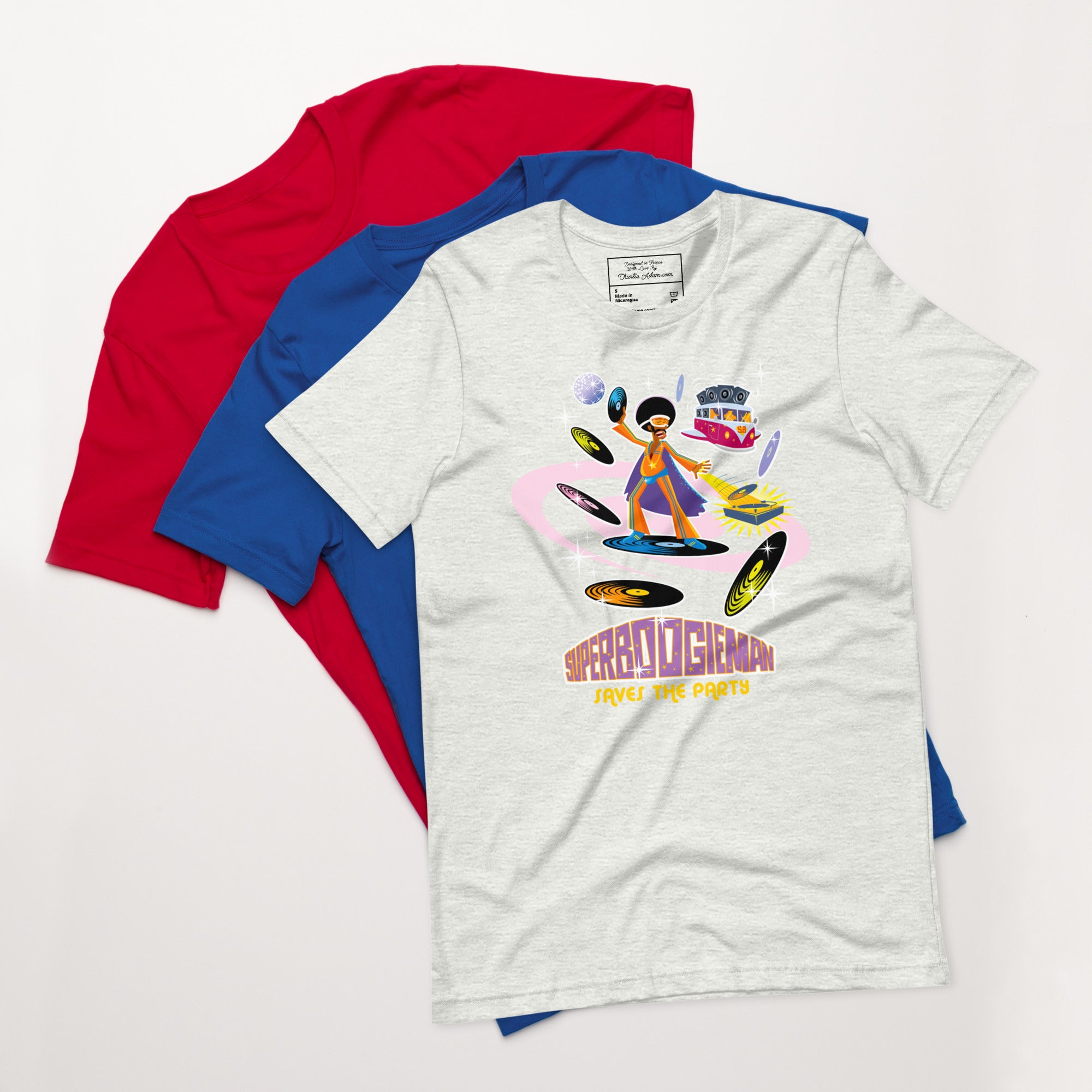 T-shirt en coton unisexe Superboogieman saves the party sur couleurs chinées claires