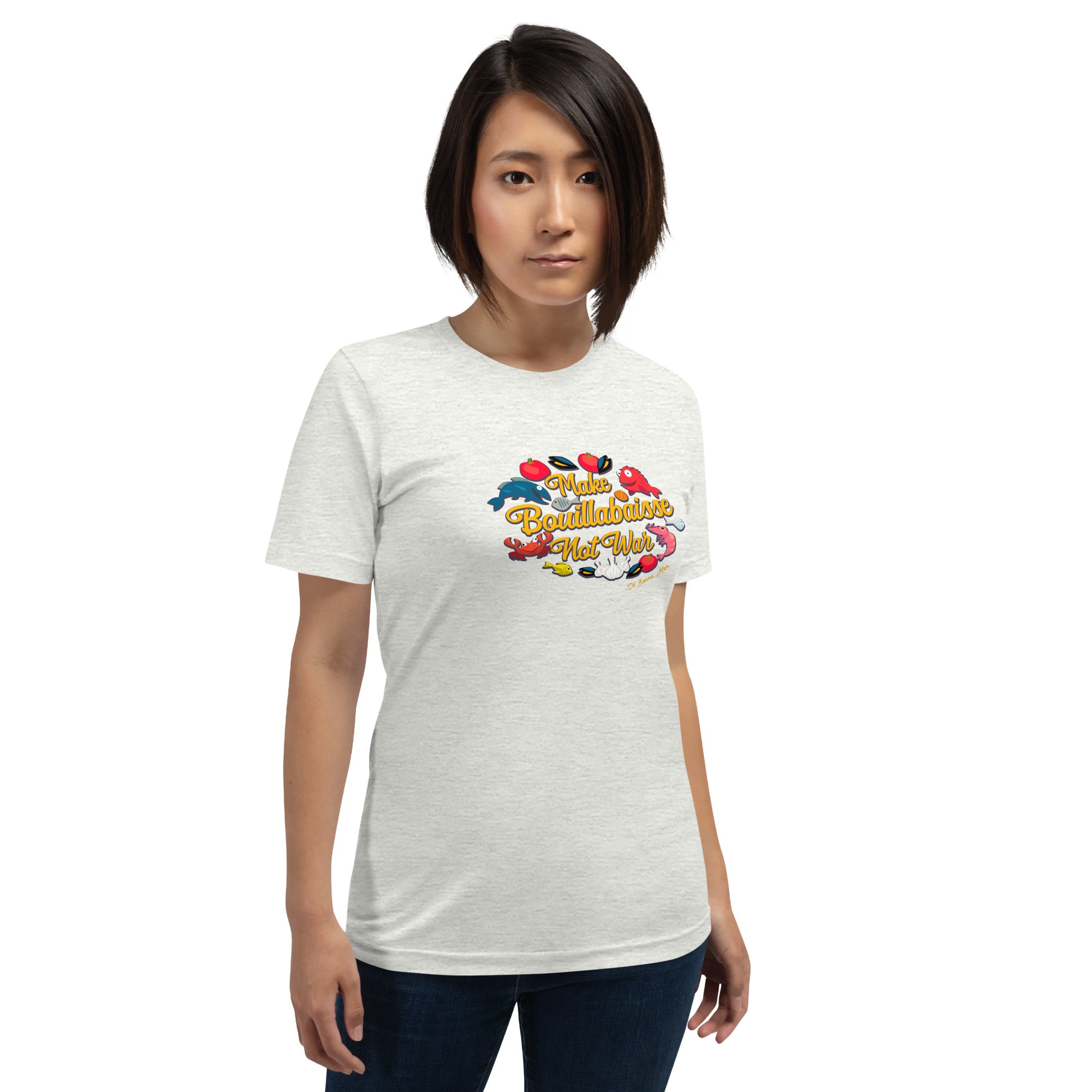 T-shirt en coton unisexe Make Bouillabaisse Not War Oh Bonne Mer sur couleurs chinées claires