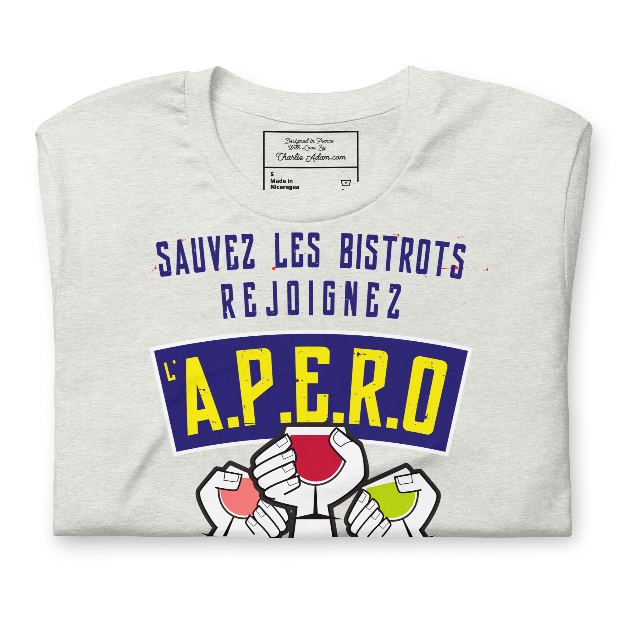 T-shirt en coton unisexe Sauvez les Bistrots, rejoignez l'Apéro sur couleurs chinées claires