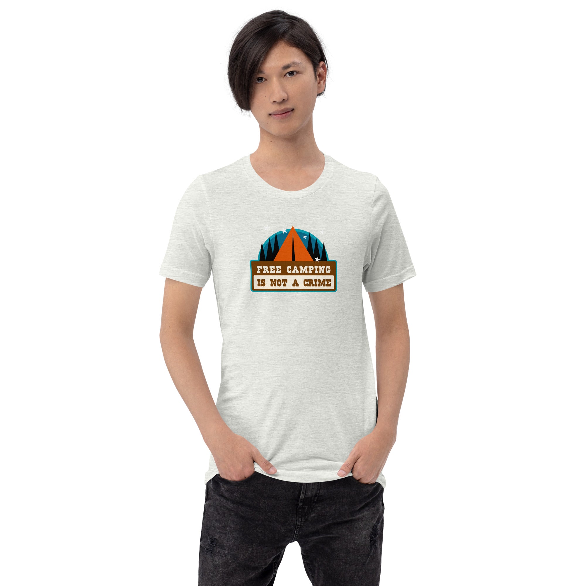 T-shirt en coton unisexe Free camping is not a crime sur couleurs chinées claires