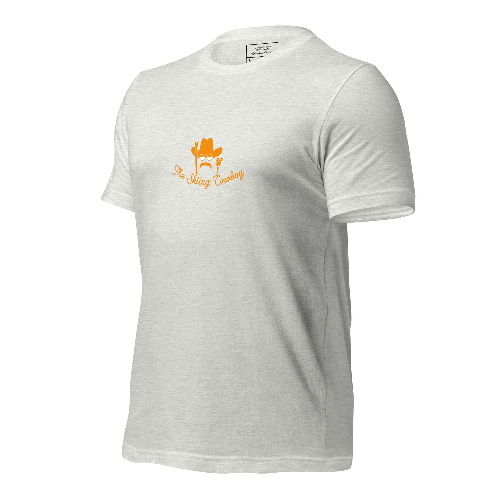 T-shirt en coton unisexe Skiing Cowboy (face) & Ski Fight at OK Corral Outline (dos) sur couleurs chinées claires