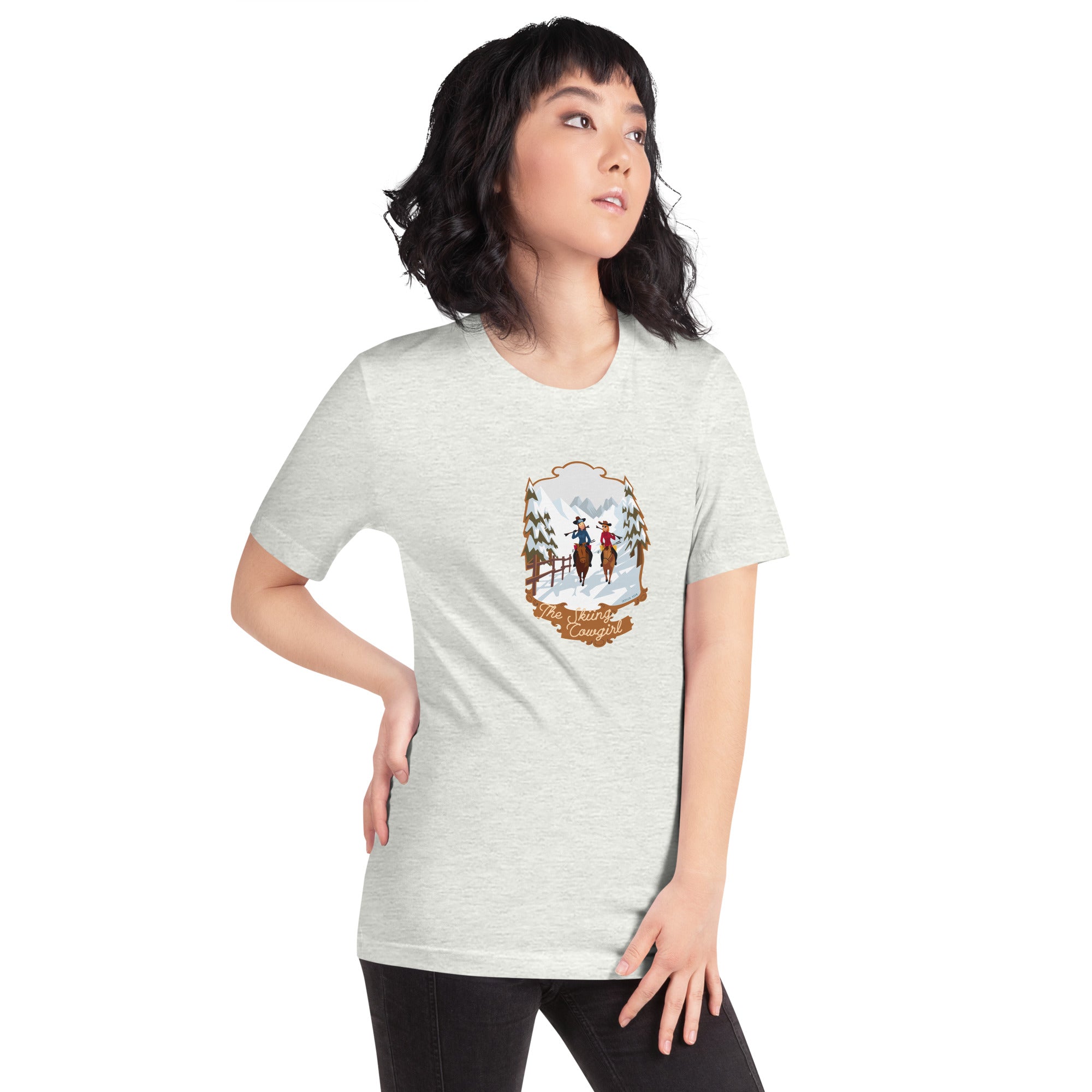 T-shirt en coton unisexe The Skiing Cowgirl sur fond clair